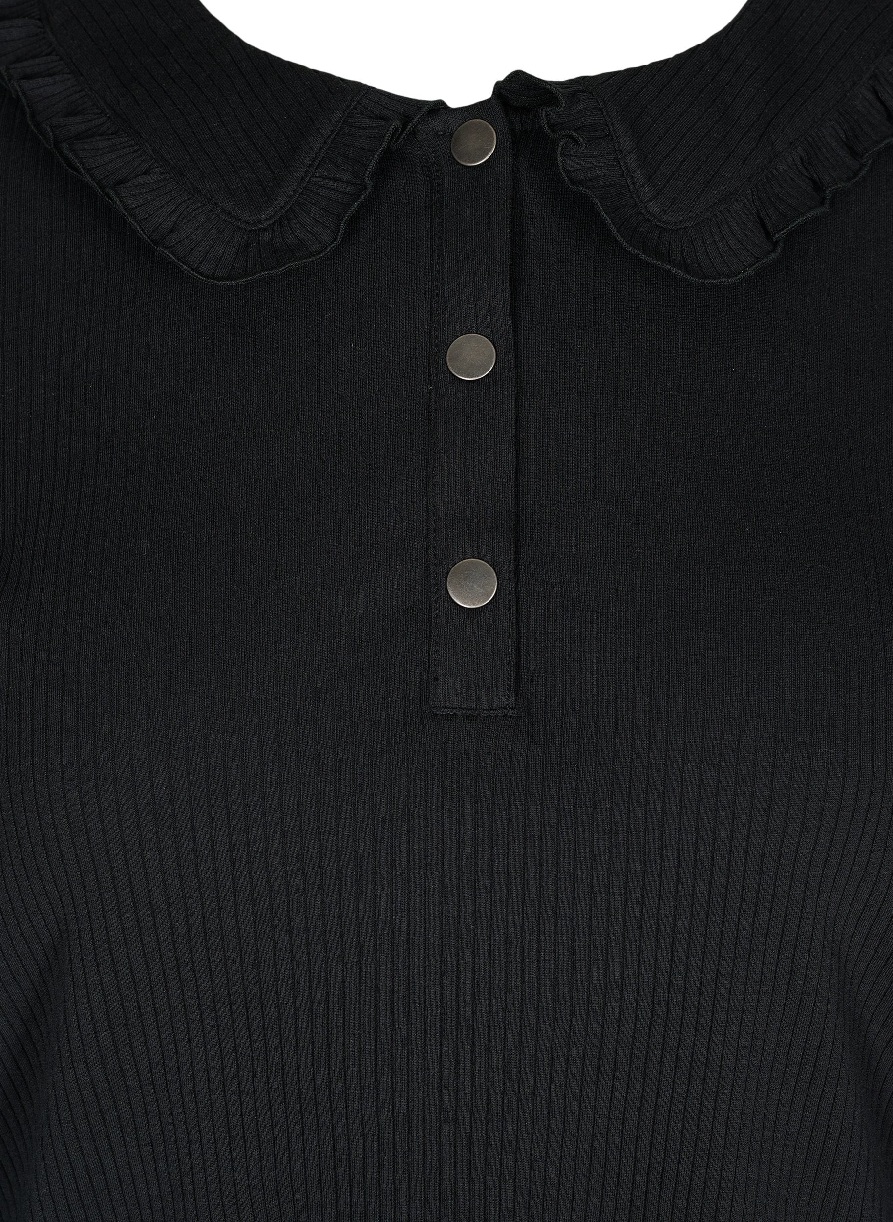 Langarm Bluse mit Ripp und Rüschenkragen, Black, Packshot image number 2