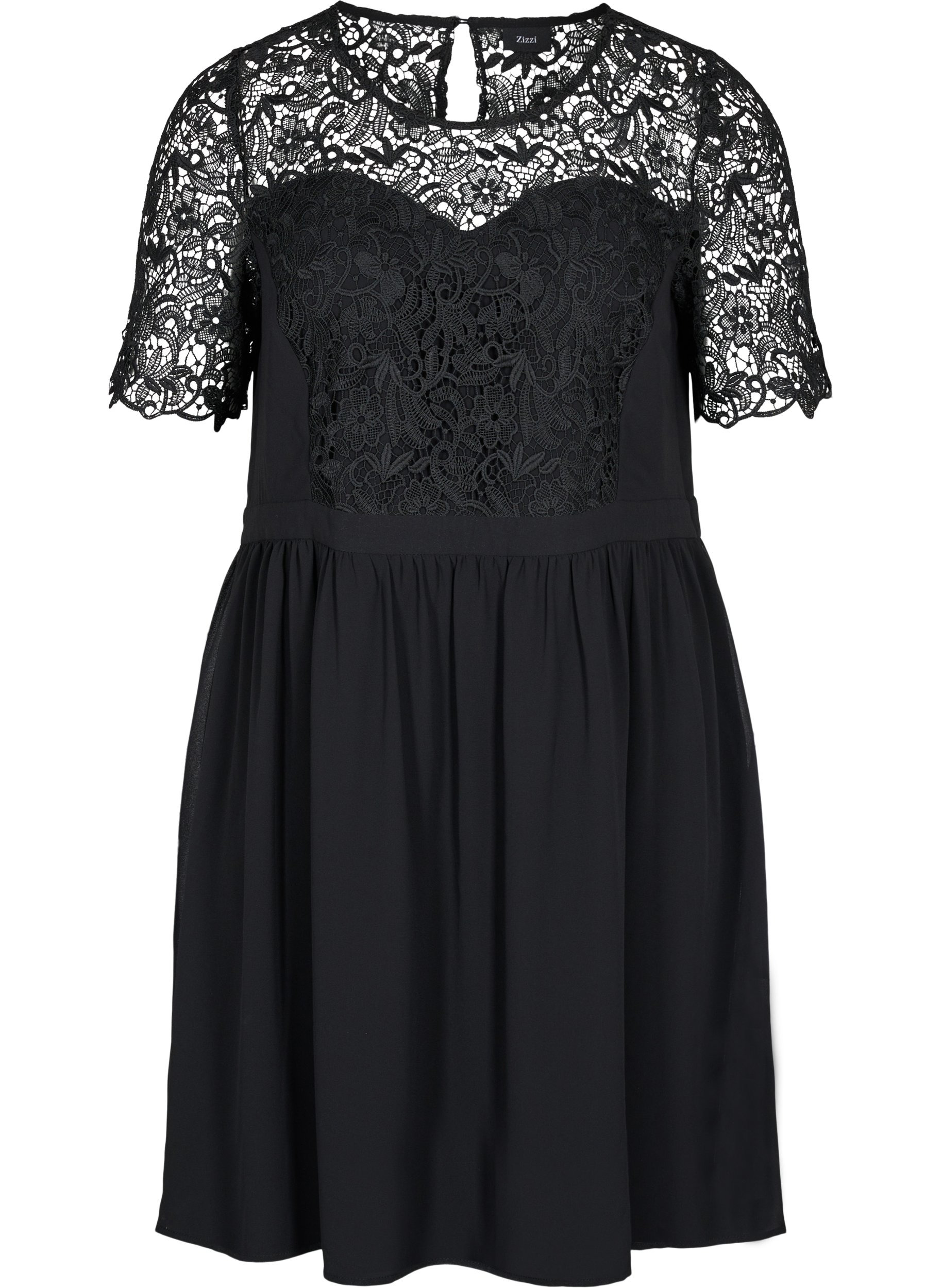 Kurzarm Kleid mit Spitzenoberteil, Black, Packshot image number 0