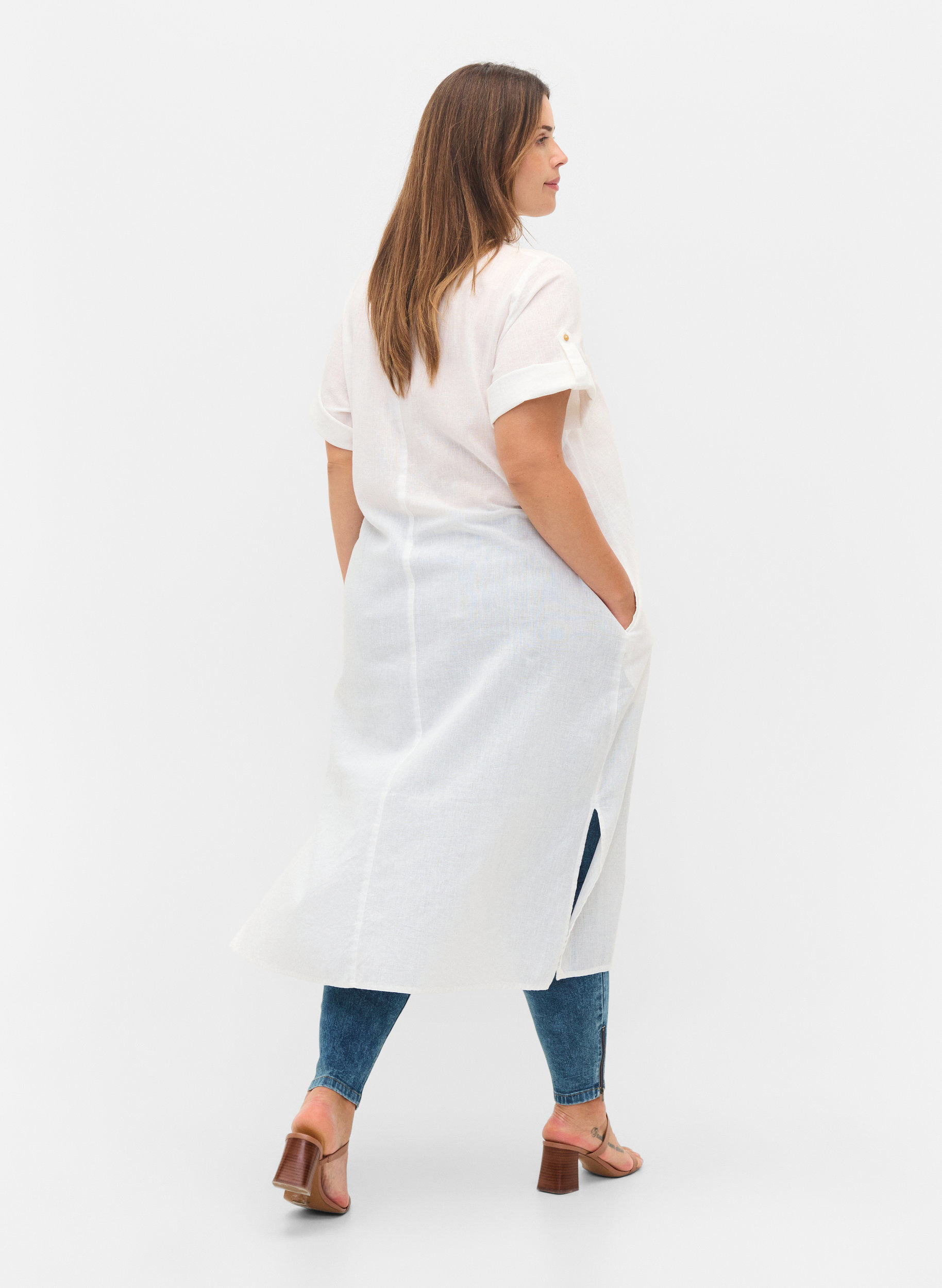 Langes kurzärmeliges Hemdkleid, White, Model image number 1