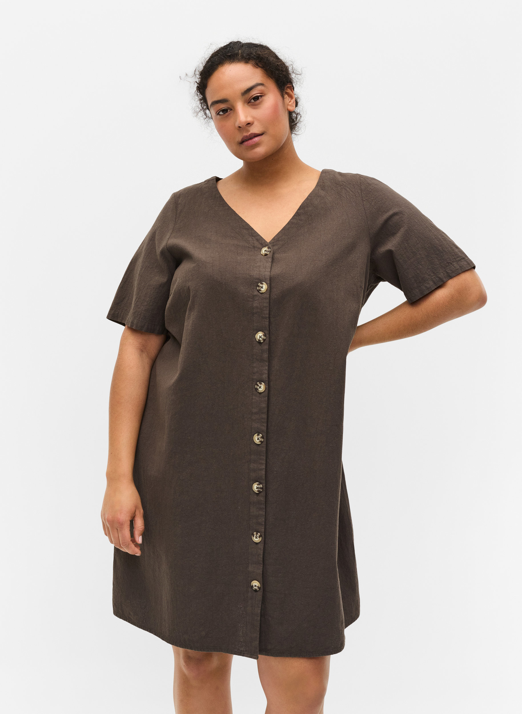 Kurzarm Kleid aus Baumwolle mit Knöpfen, Khaki Green, Model image number 0