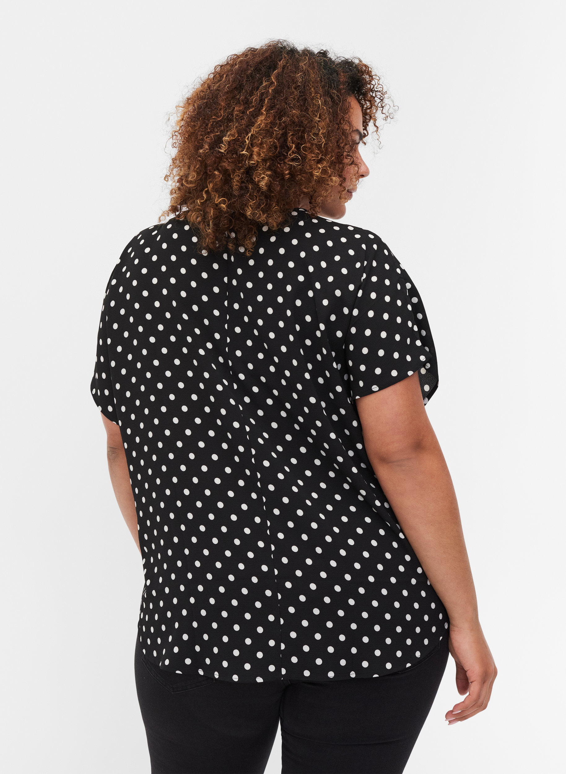Bluse mit kurzen Ärmeln und Rundhalsausschnitt, Black w White Dot, Model image number 1