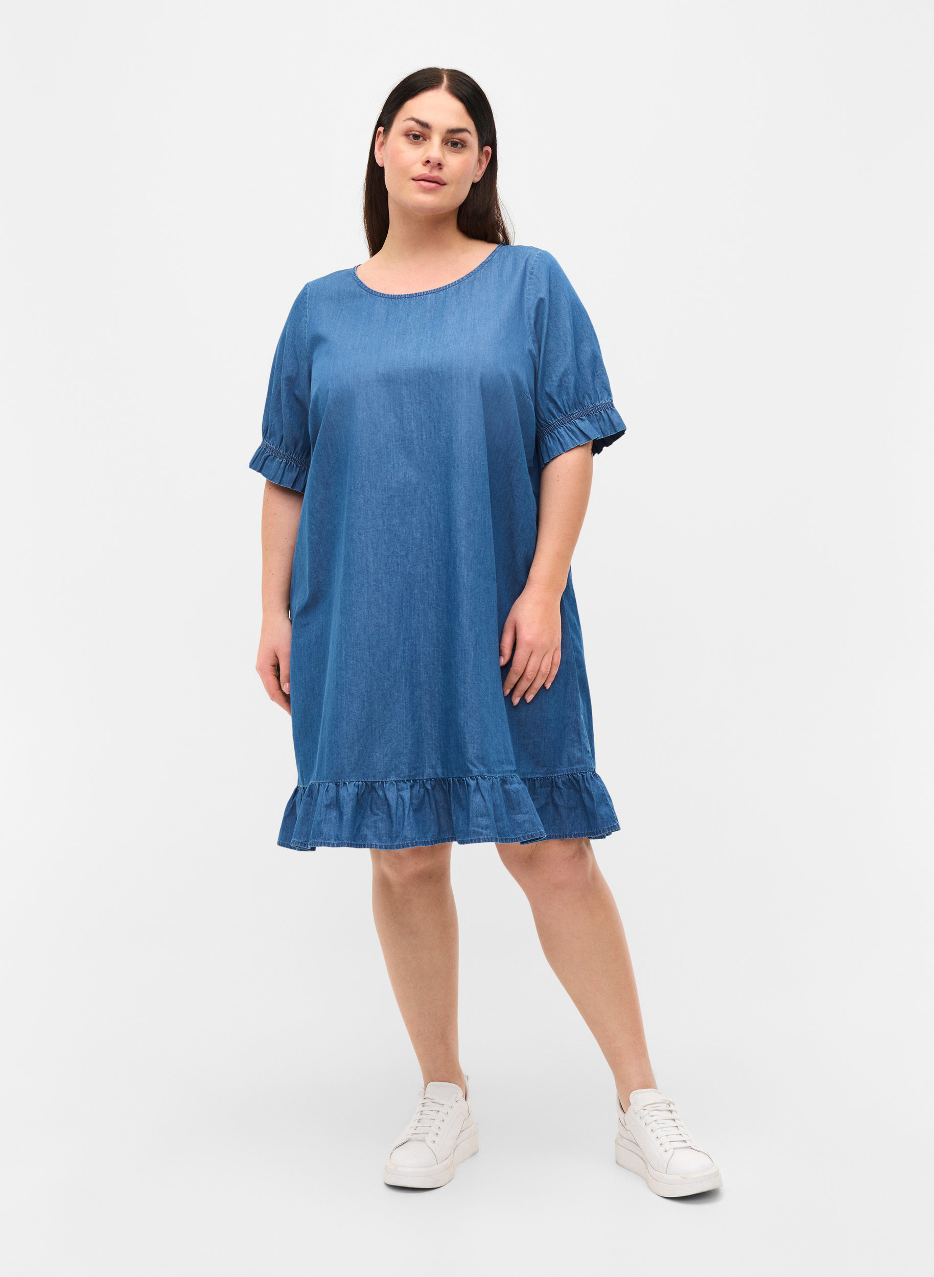 Kurzarm Denimkleid aus Baumwolle, Blue denim, Model image number 2