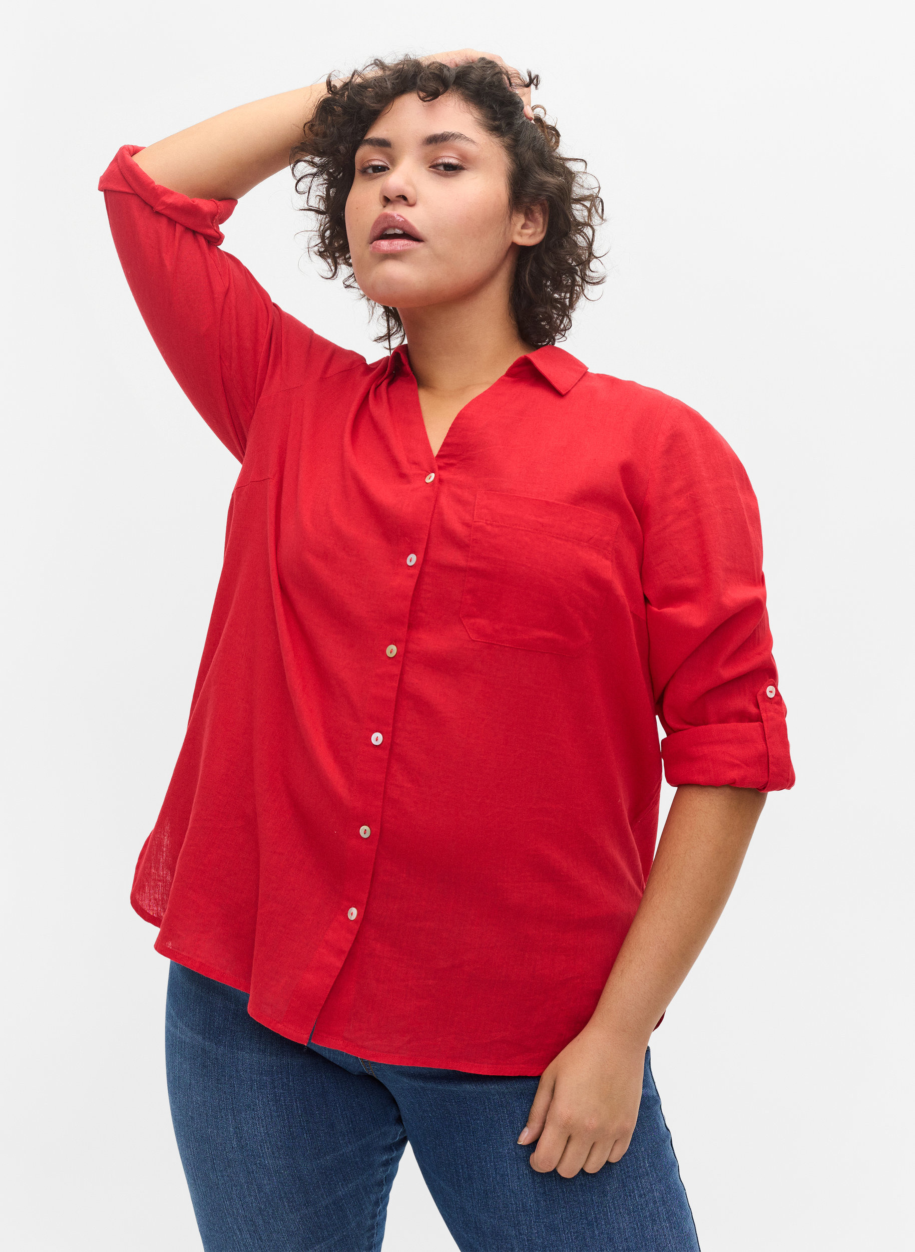Bluse mit 3/4-Ärmeln und Knöpfen, Chinese Red, Model