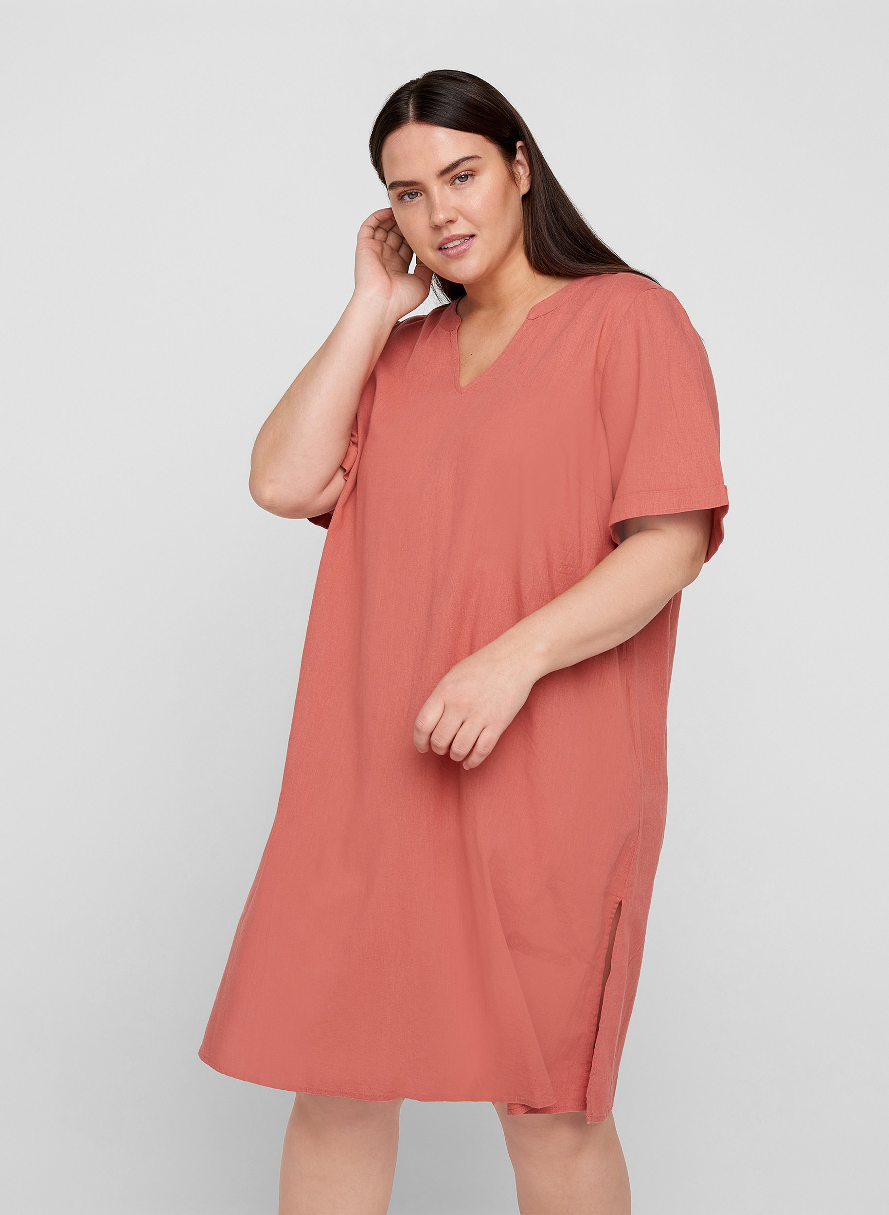 Kurzarm Kleid aus Baumwollmischung mit Leinen, Canyon Rose, Model image number 0