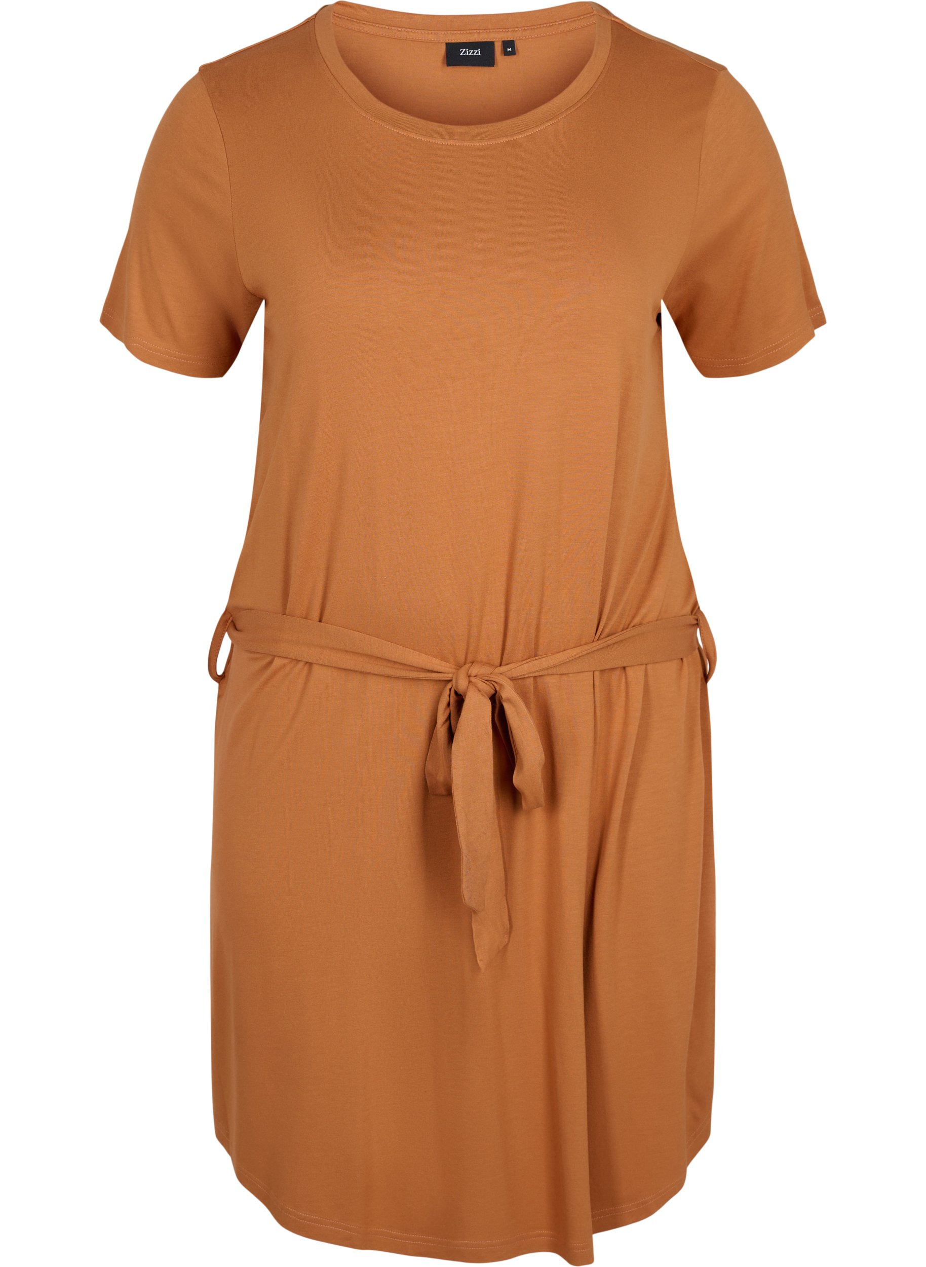 Kurzarm Kleid mit Taillengürtel, Pecan Brown, Packshot image number 0