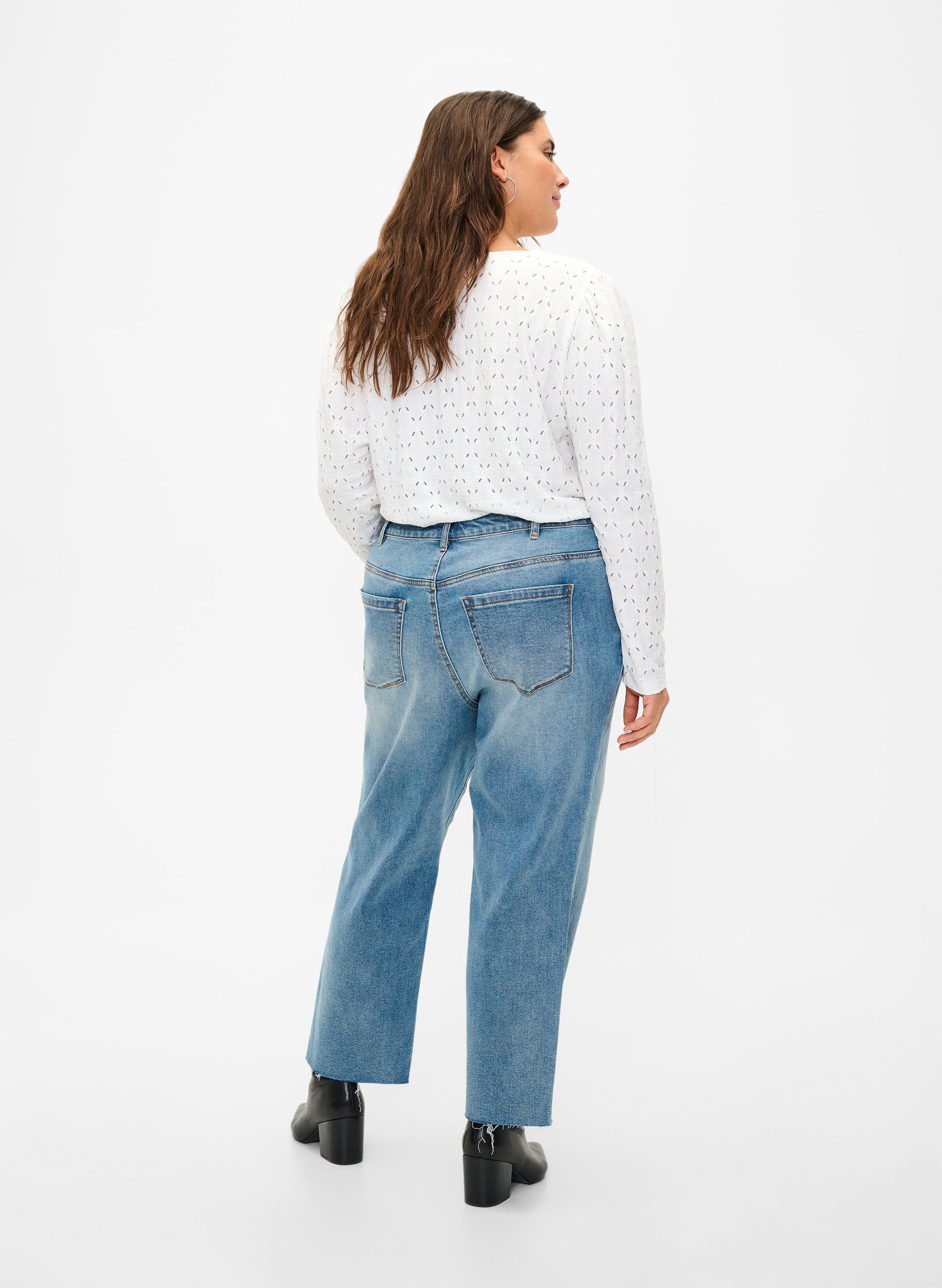 7/8-Jeans mit Fransensaum und hoher Taille, Light blue denim, Model image number 1