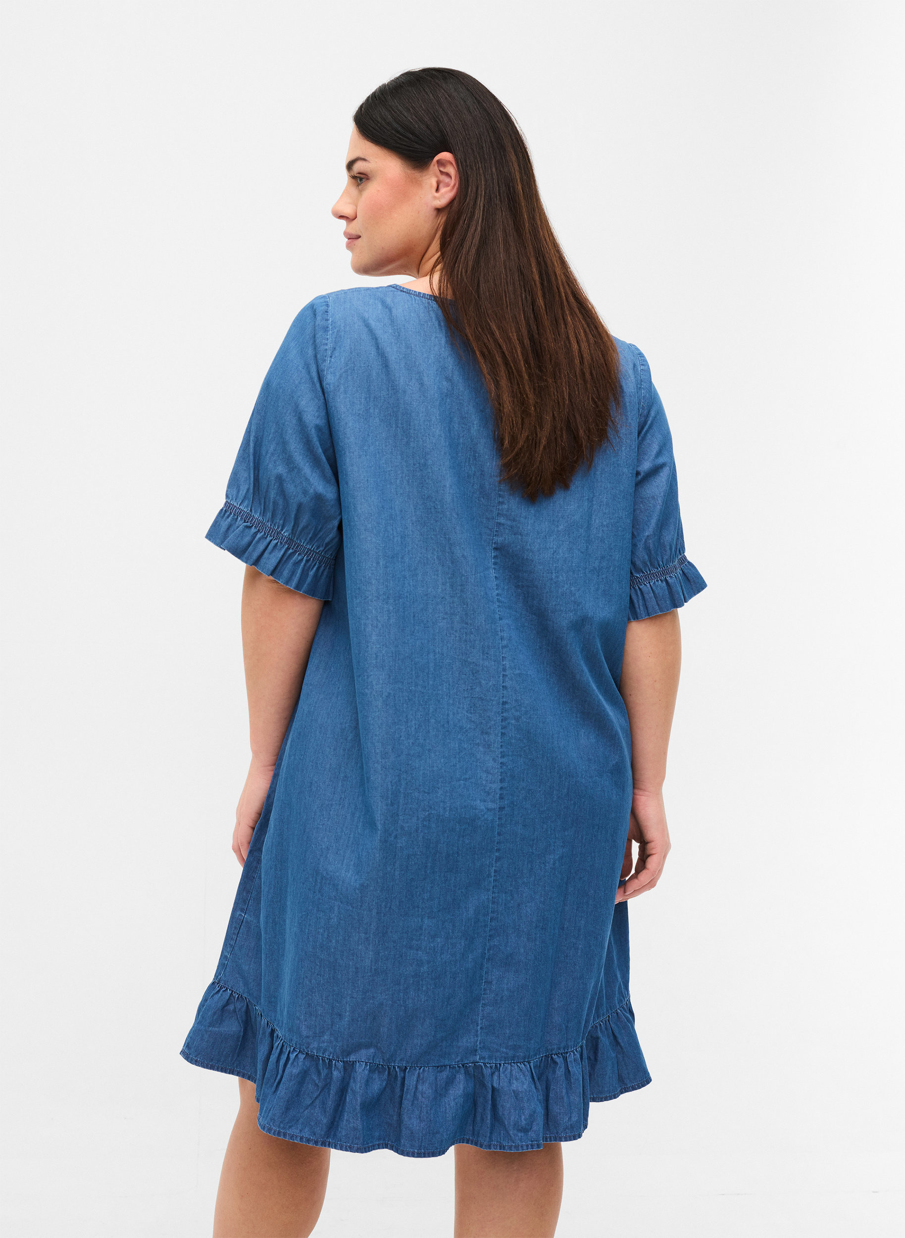 Kurzarm Denimkleid aus Baumwolle, Blue denim, Model image number 1