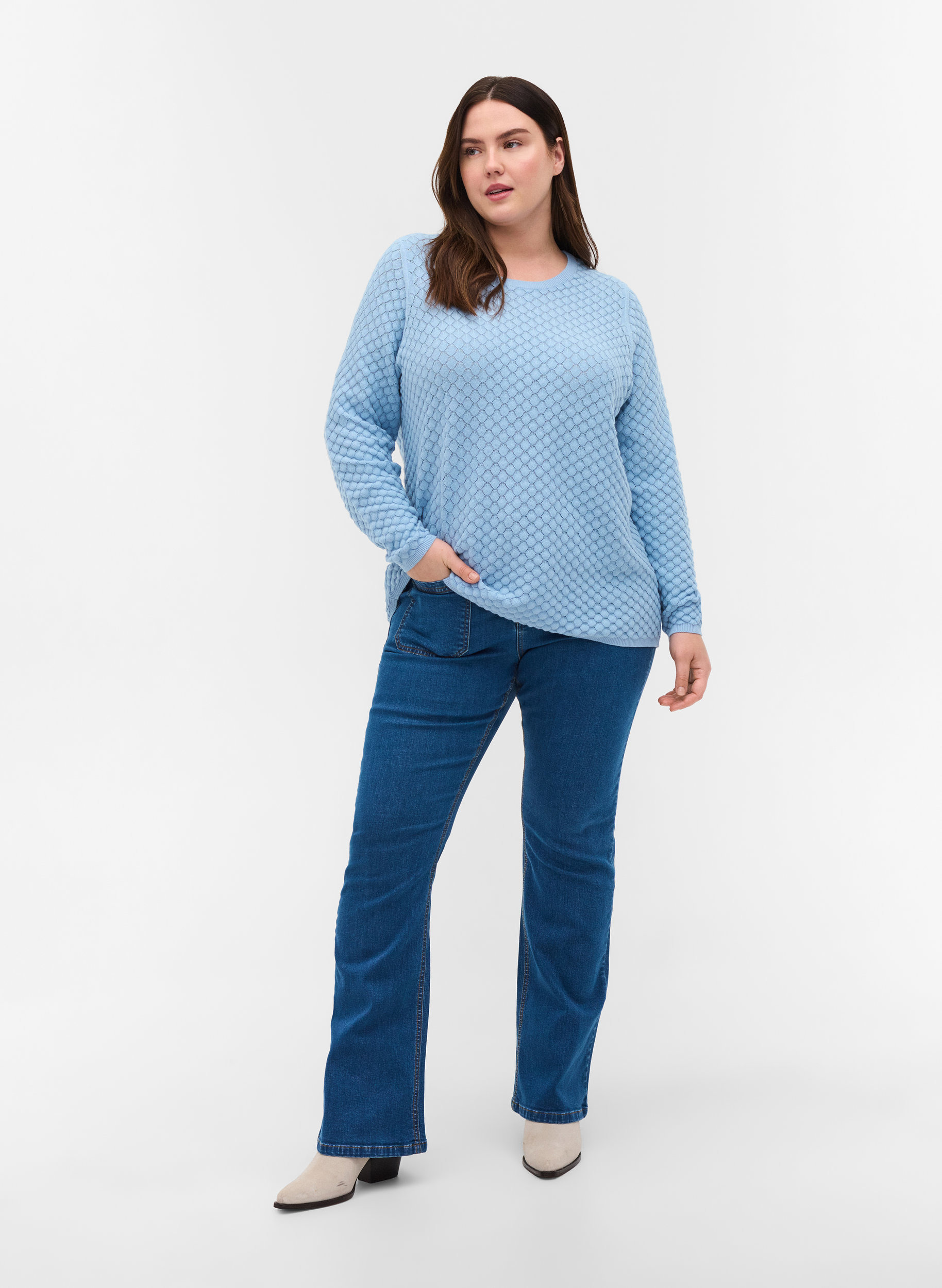 Gestrickte Bluse aus Bio-Baumwolle mit langen Ärmeln, Chambray Blue, Model image number 2