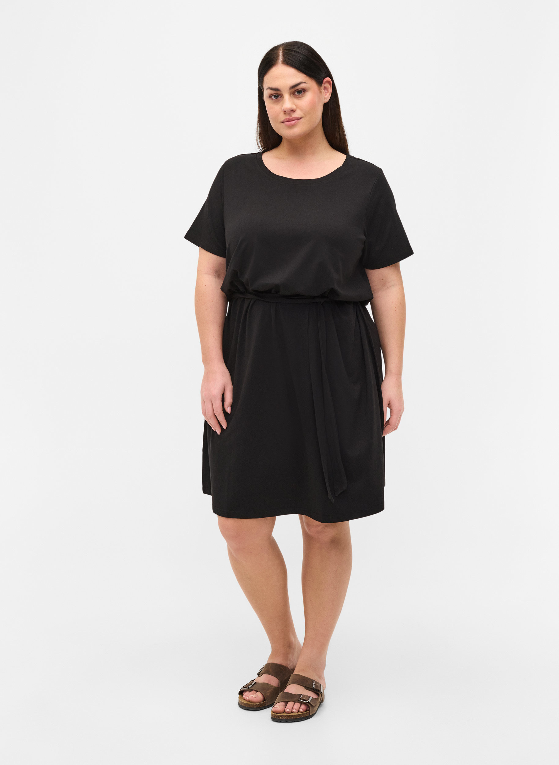 Kurzarm Kleid mit Taillengürtel, Black, Model image number 2