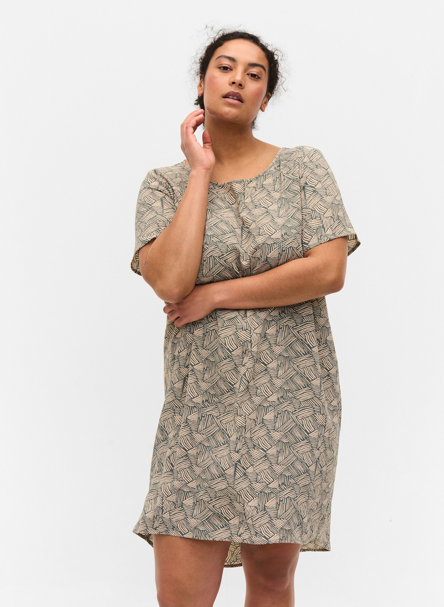 Bedrucktes Kleid mit kurzen Ärmeln, Green Graphic, Model image number 0