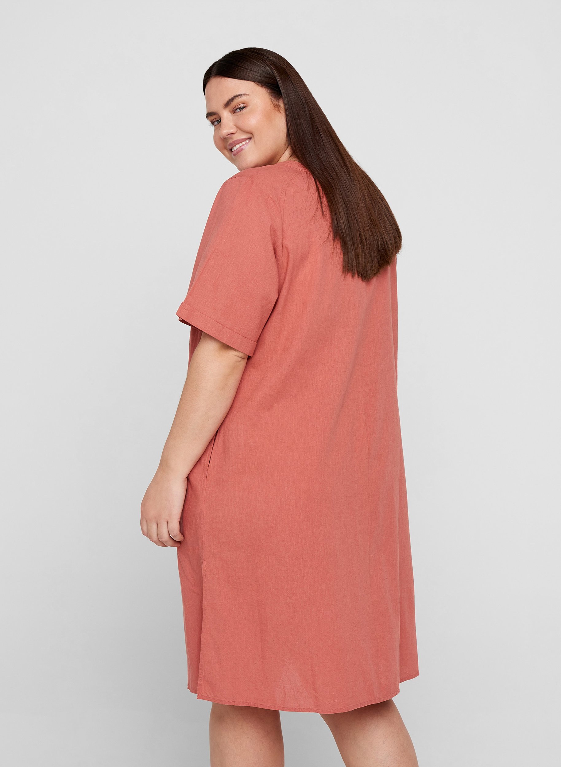 Kurzarm Kleid aus Baumwollmischung mit Leinen, Canyon Rose, Model image number 1