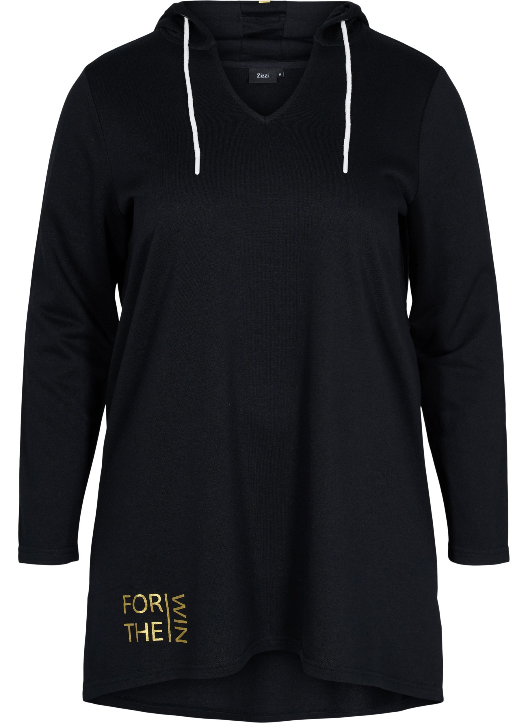 Langes Sweatshirt mit V-Ausschnitt und Kapuze, Black, Packshot image number 0