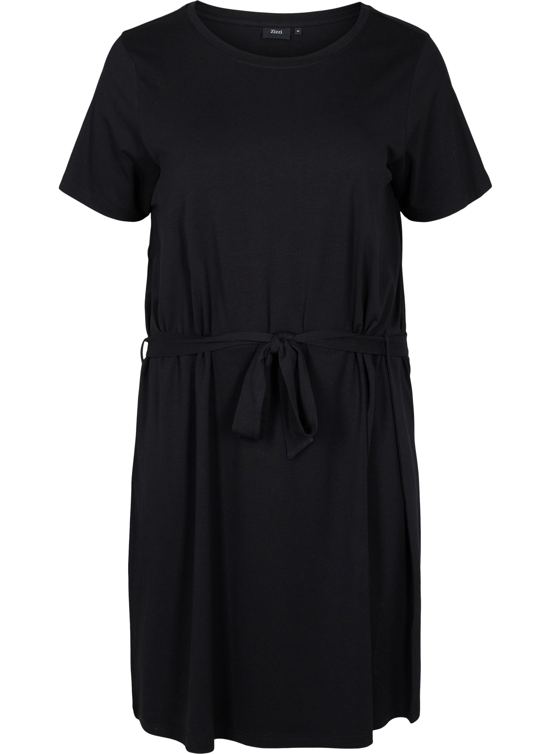 Kurzarm Kleid mit Taillengürtel, Black, Packshot image number 0