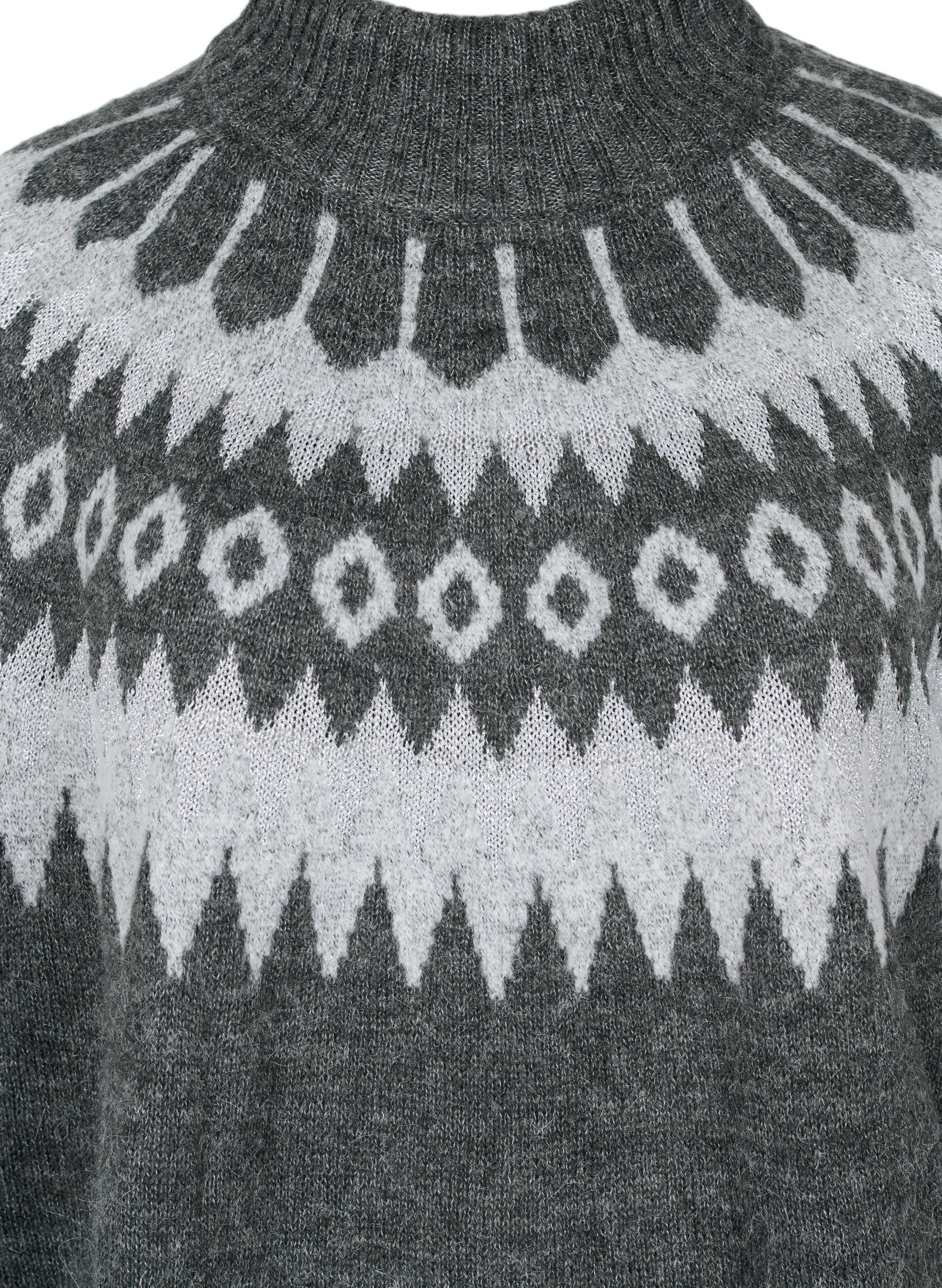 Gemusterter Strickpullover mit hohem Kragen und Wolle, Dark Grey Melange, Packshot image number 2