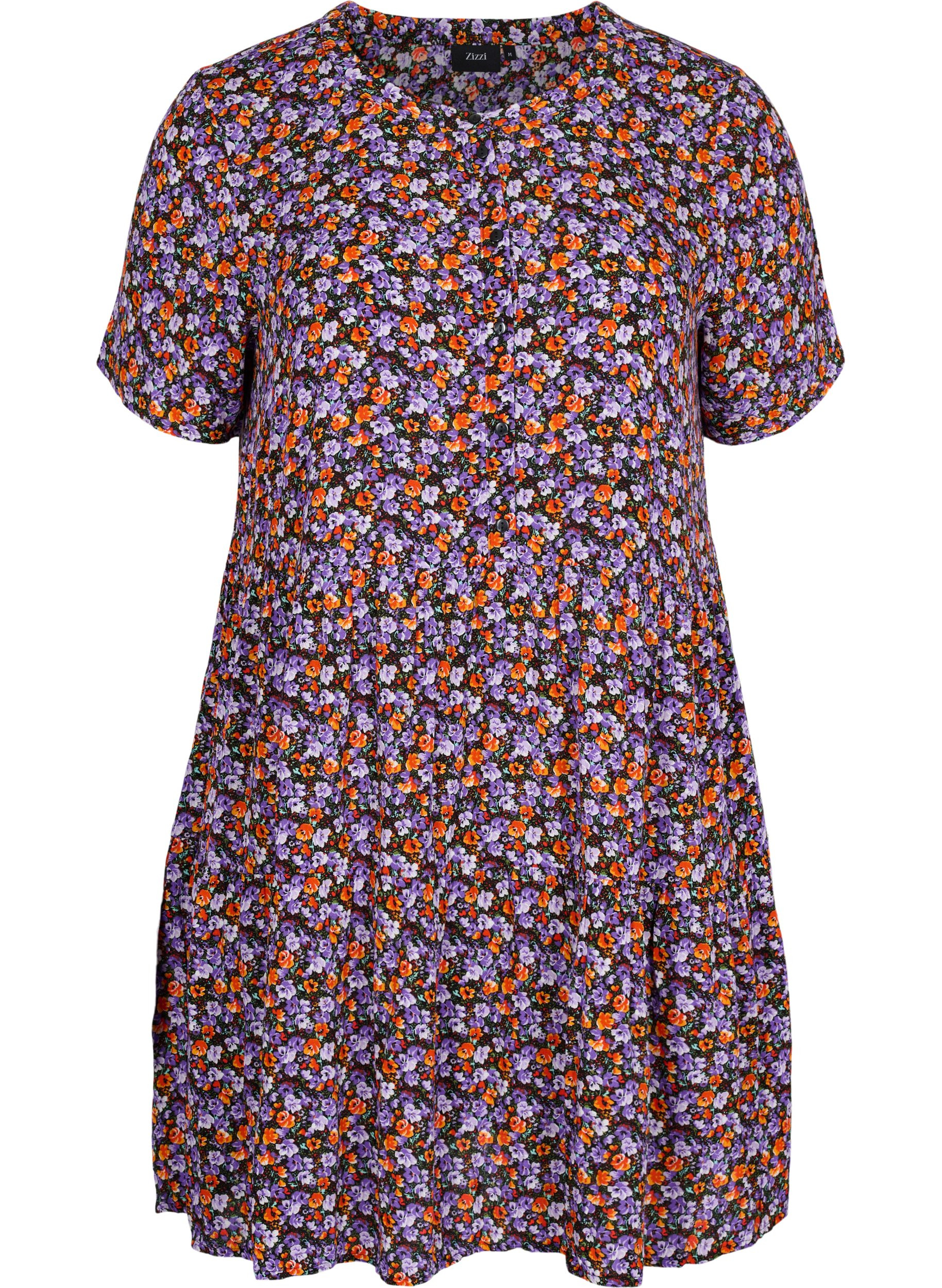 Kurzarm-Kleid aus Viskose mit A-Linie, Purple Ditsy Flower