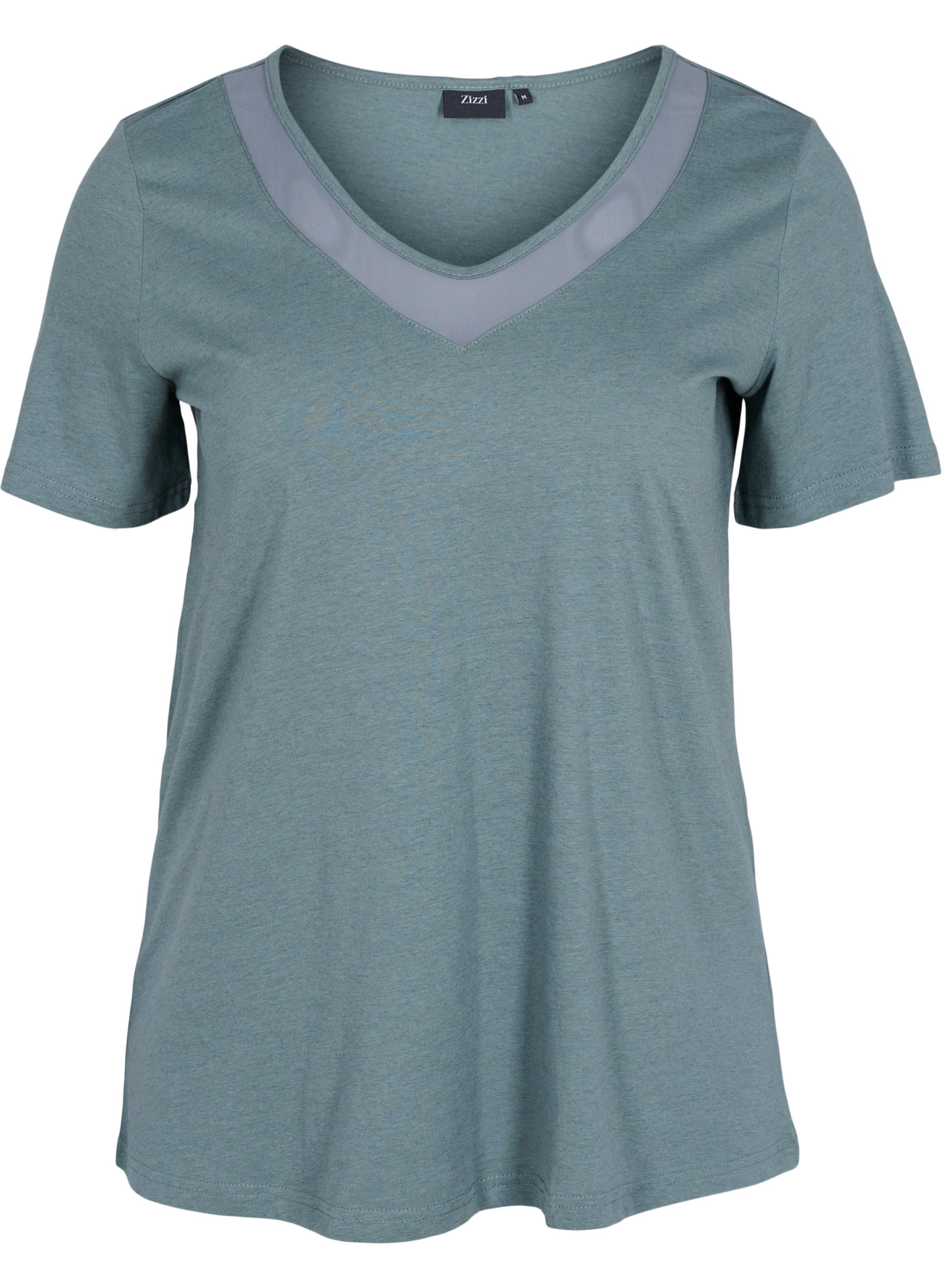 Kurzarm T-Shirt mit V-Ausschnitt und Mesh, Balsam Green, Packshot image number 0