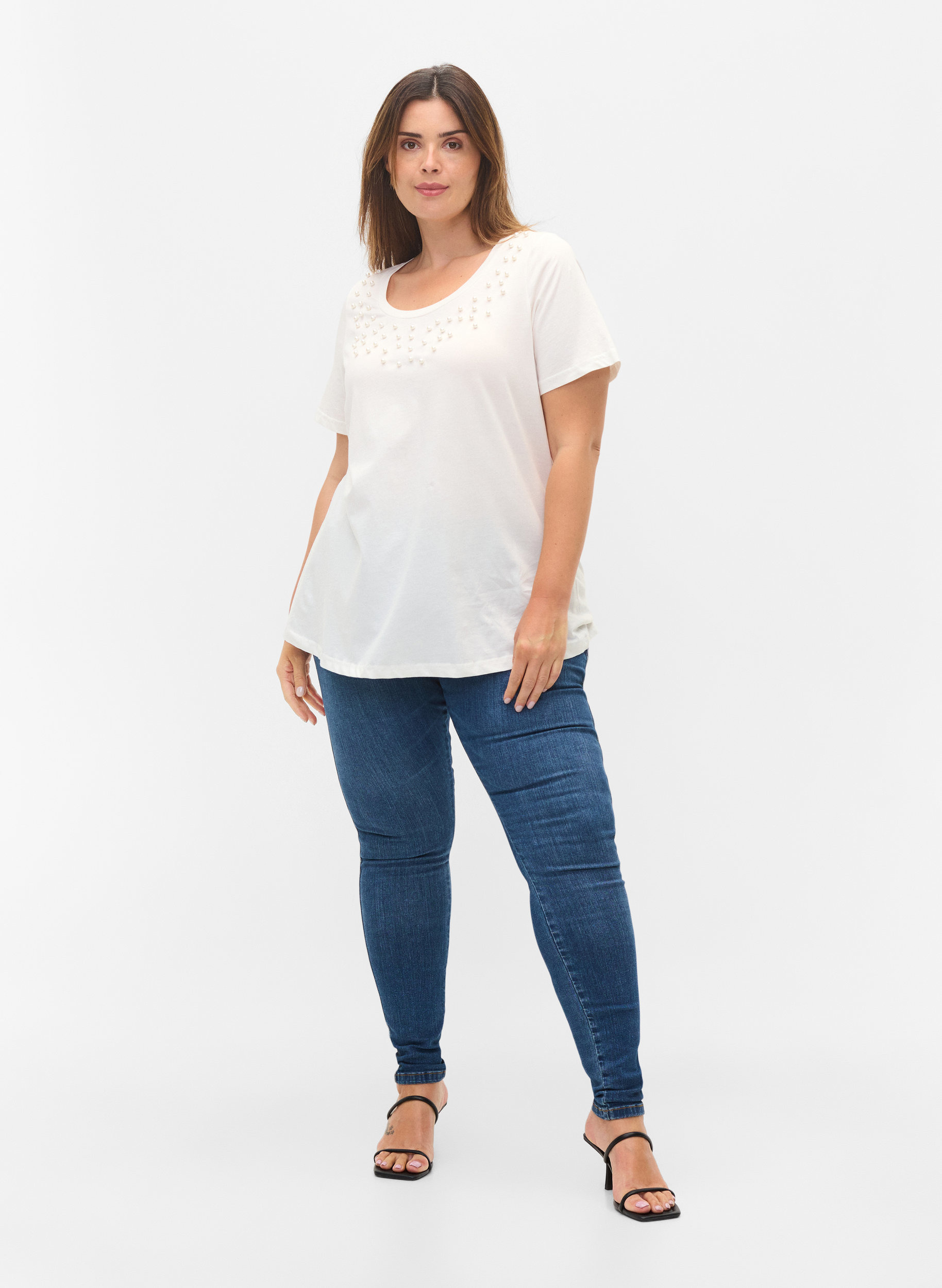 Baumwoll-T-Shirt mit Perlen, Warm Off-white, Model image number 2