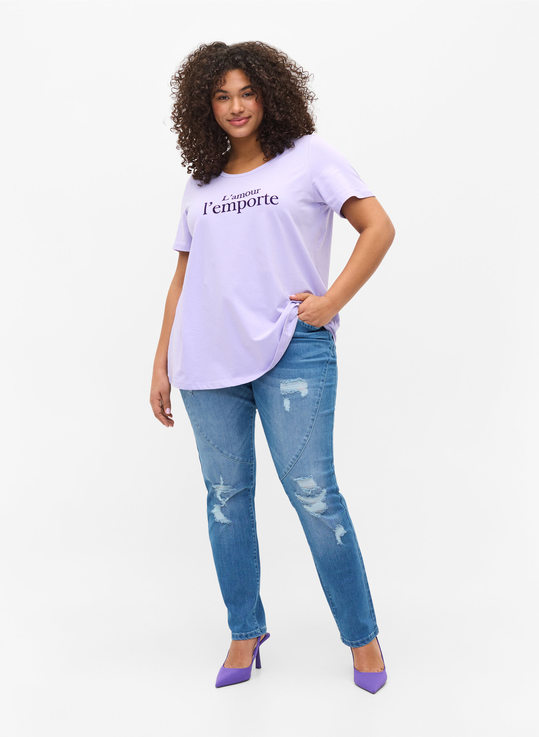 Kurzarm T-Shirt aus Baumwolle mit Aufdruck,  Lavender LAMOUR, Model image number 2