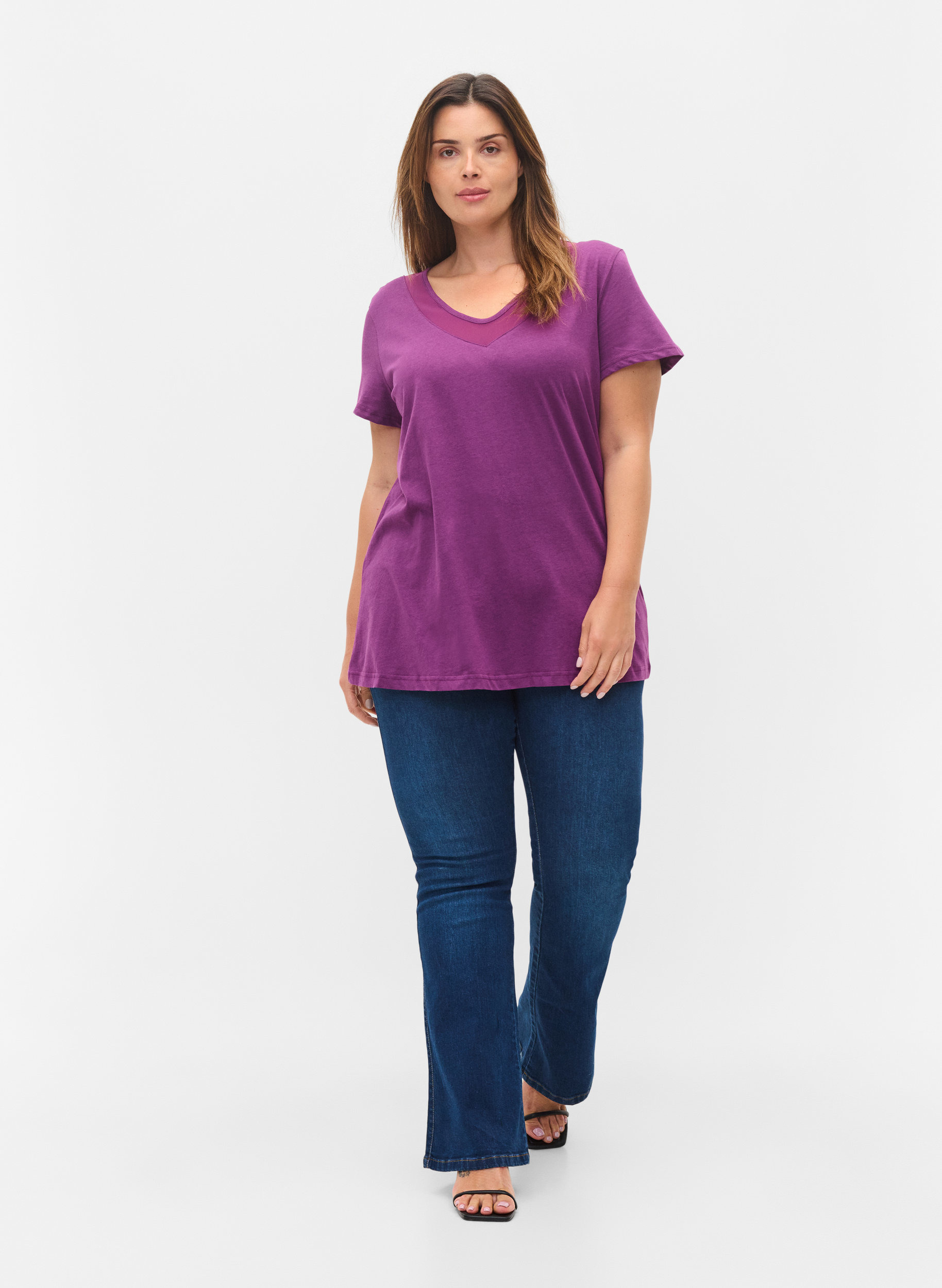 Kurzarm T-Shirt mit V-Ausschnitt und Mesh, Gloxinia, Model image number 2