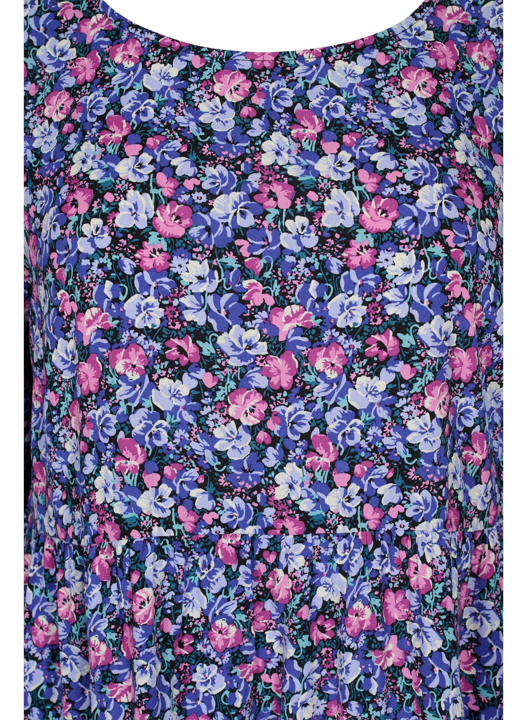 Viskosekleid mit Blumenmuster und 3/4-Ärmeln, Pink Blue Flower, Packshot image number 2