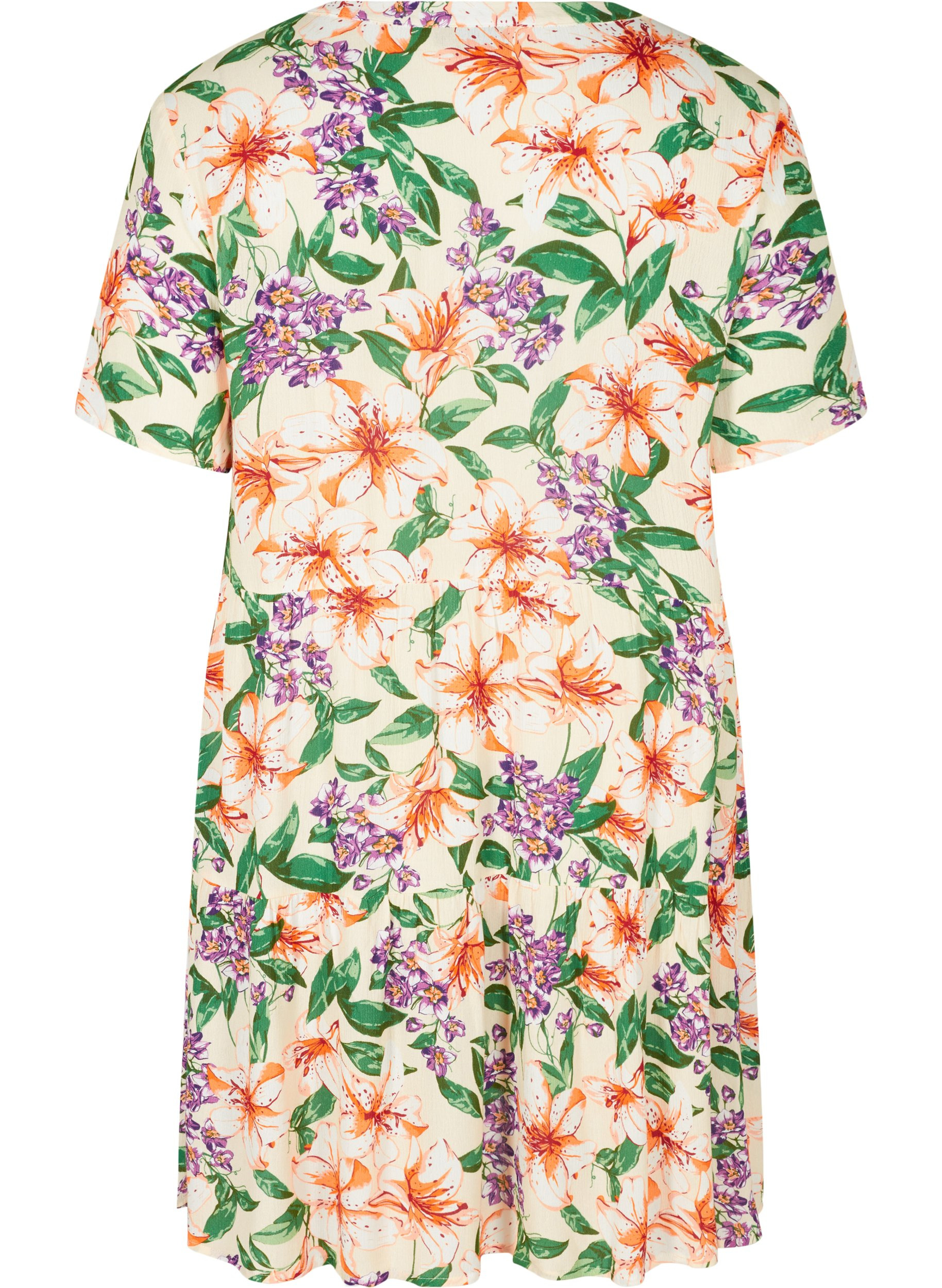 Kurzarm-Kleid aus Viskose mit A-Linie, Tropic AOP, Packshot image number 1