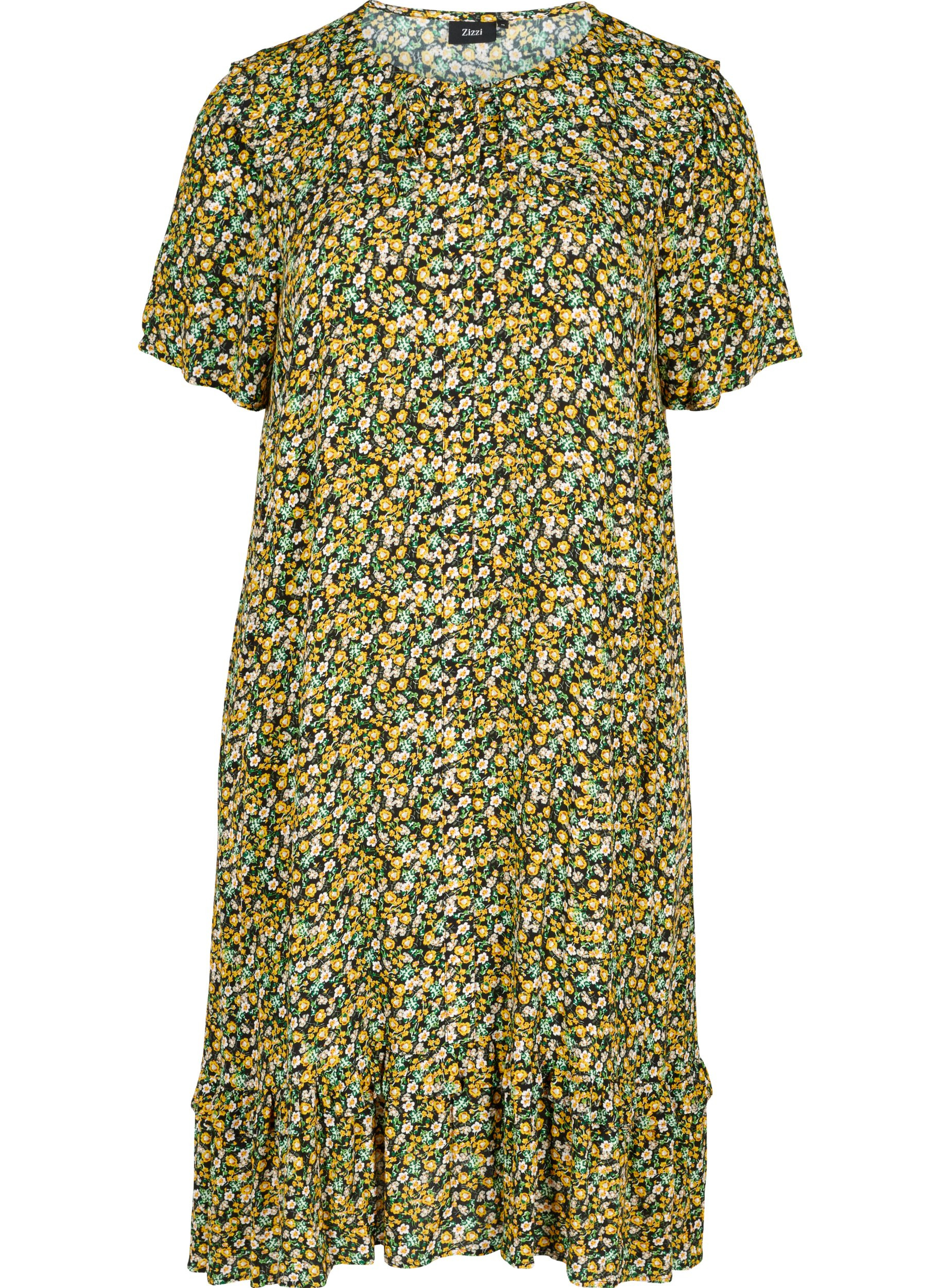 Kurzarm Viskosekleid mit Blumenprint, Black Flower AOP, Packshot image number 0