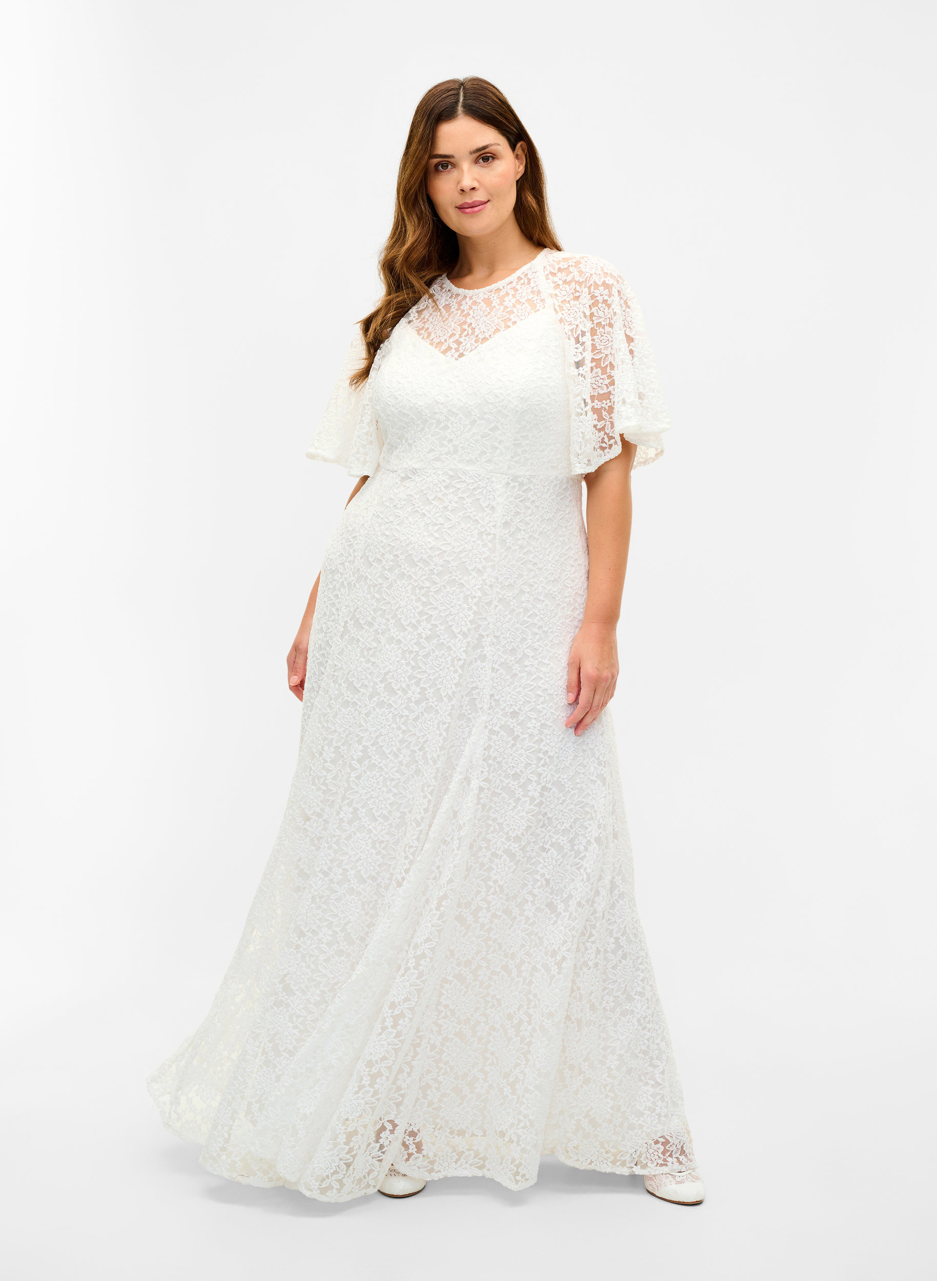 Brautkleid mit Spitze und kurzen Ärmeln, Star White, Model image number 0