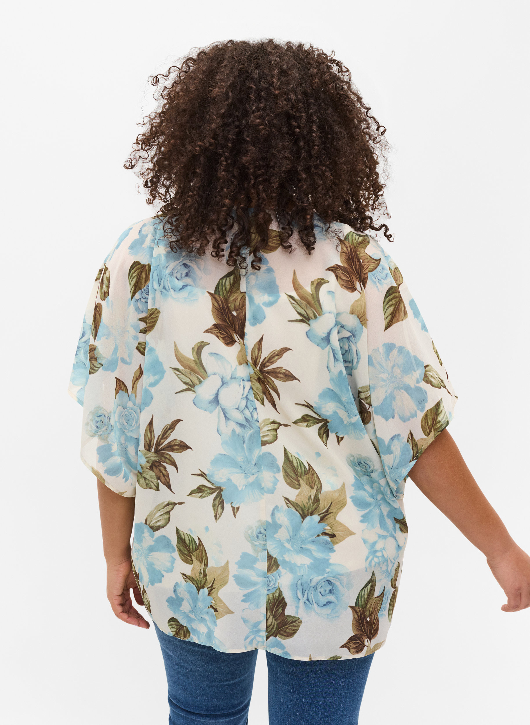 Kurzarm Bluse mit Bindeschnüren und Print , Cloud Dancer Flower , Model image number 1