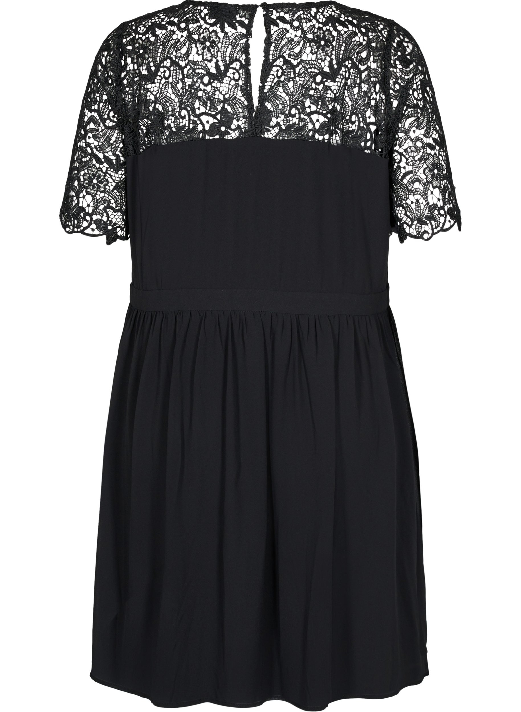 Kurzarm Kleid mit Spitzenoberteil, Black, Packshot image number 1
