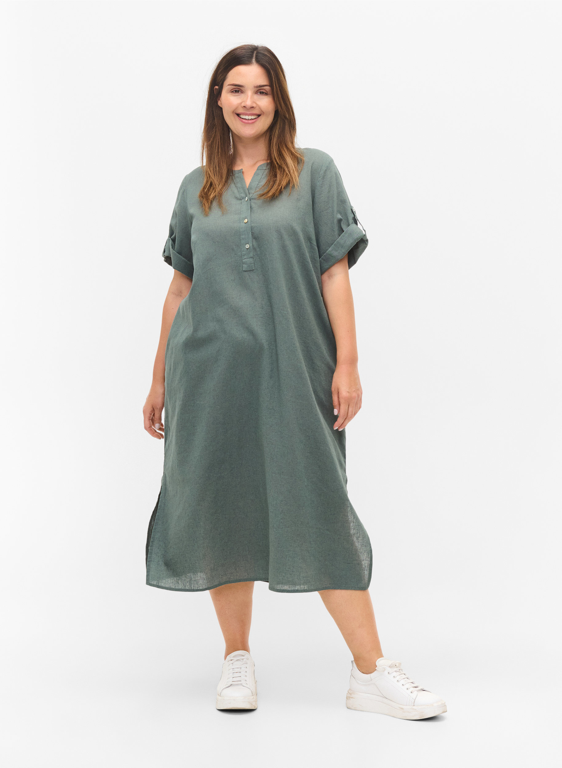 Langes kurzärmeliges Hemdkleid, Balsam Green, Model image number 2