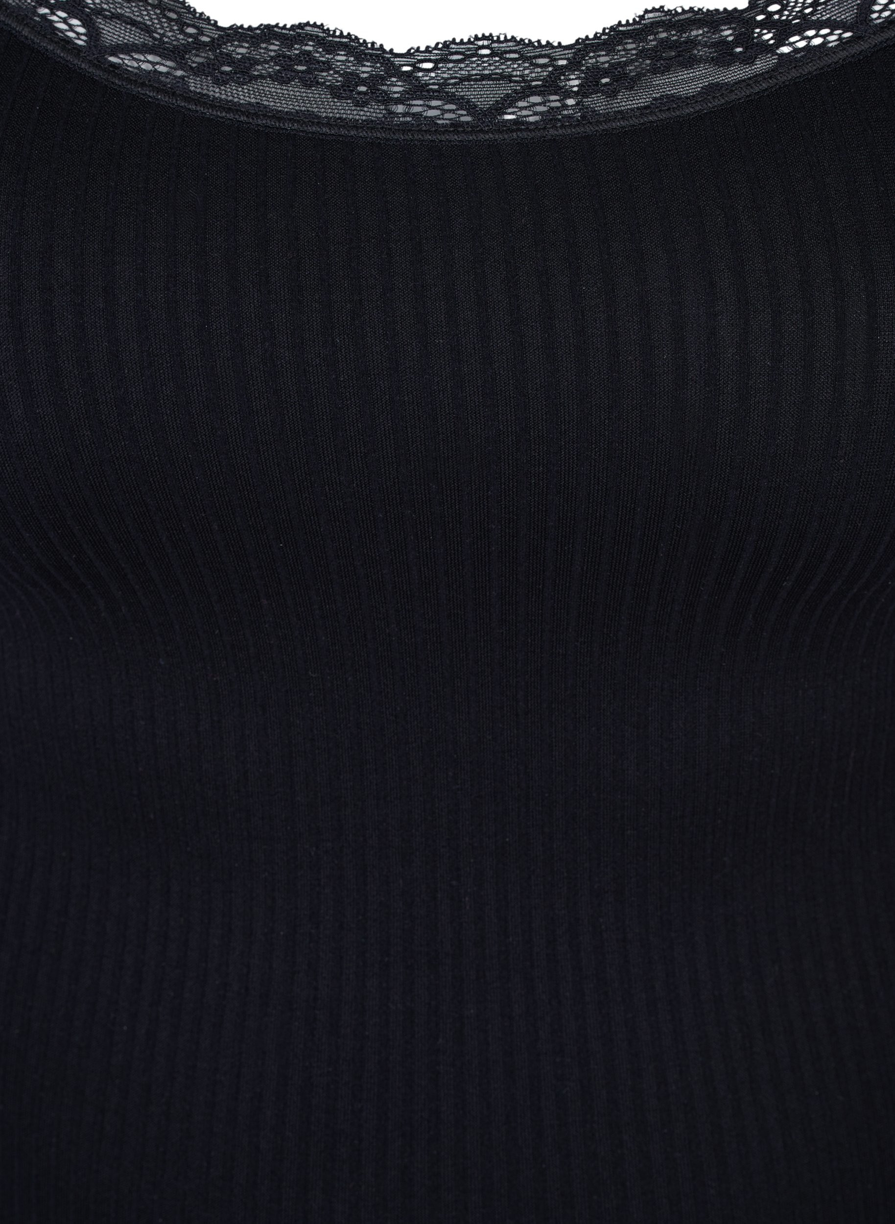 Einfarbiges Rippunterhemd mit Spitze, Black, Packshot image number 2