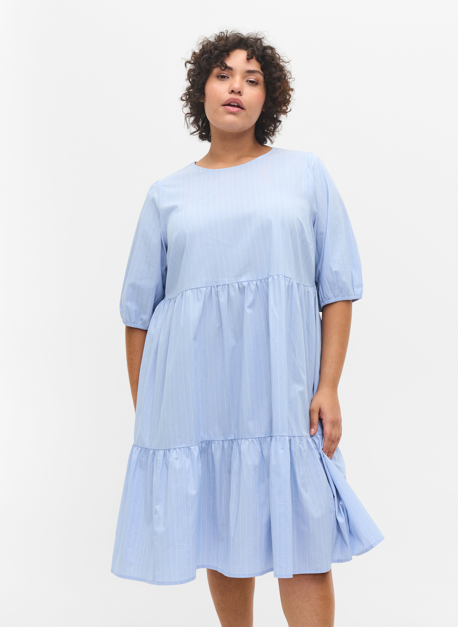Gestreiftes Kleid mit kurzen Puffärmeln, Blue As Sample, Model image number 0