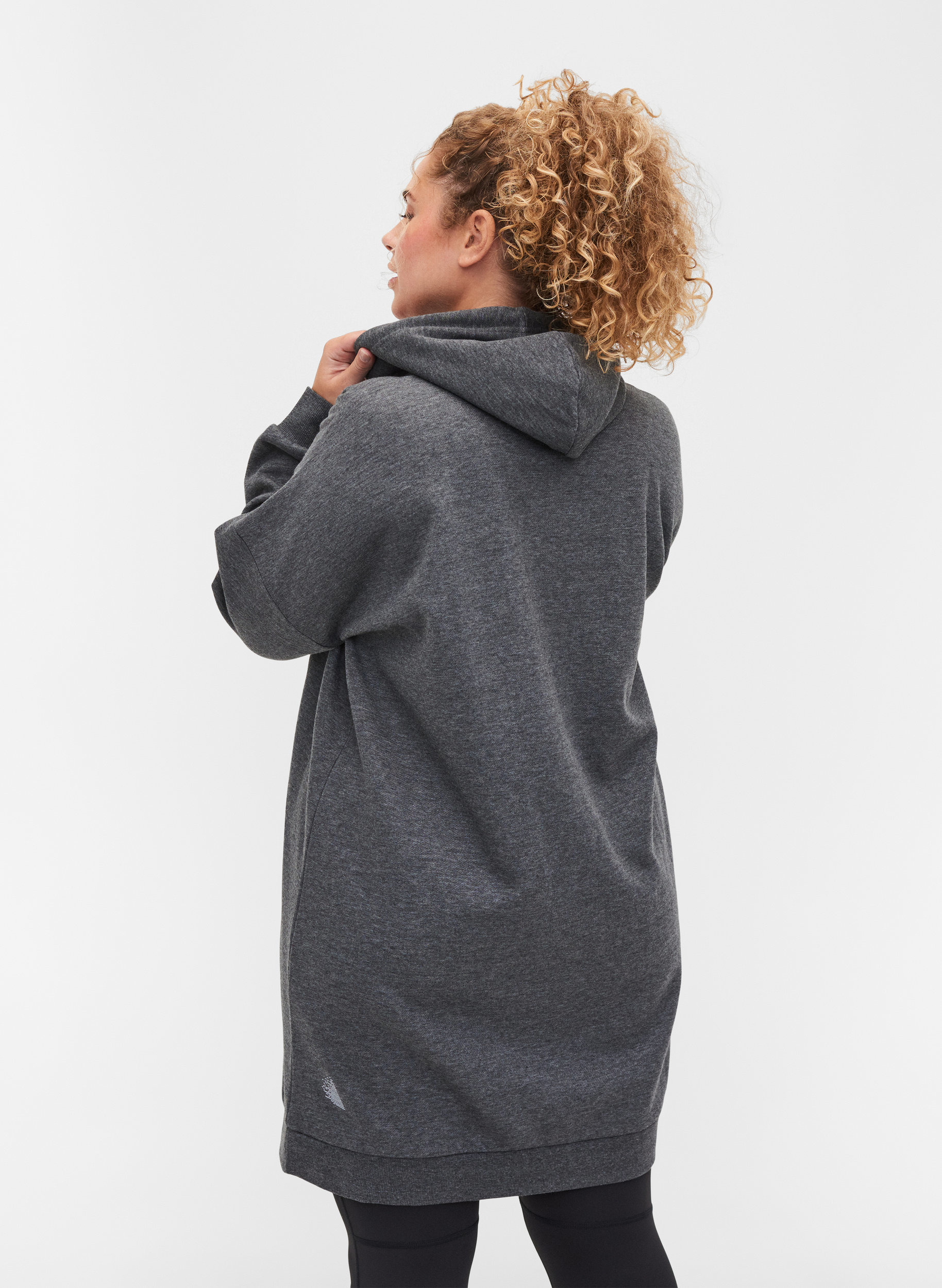 Langarm Sweatkleid mit Kapuze und Aufdruck, Dark Grey Melange, Model image number 1
