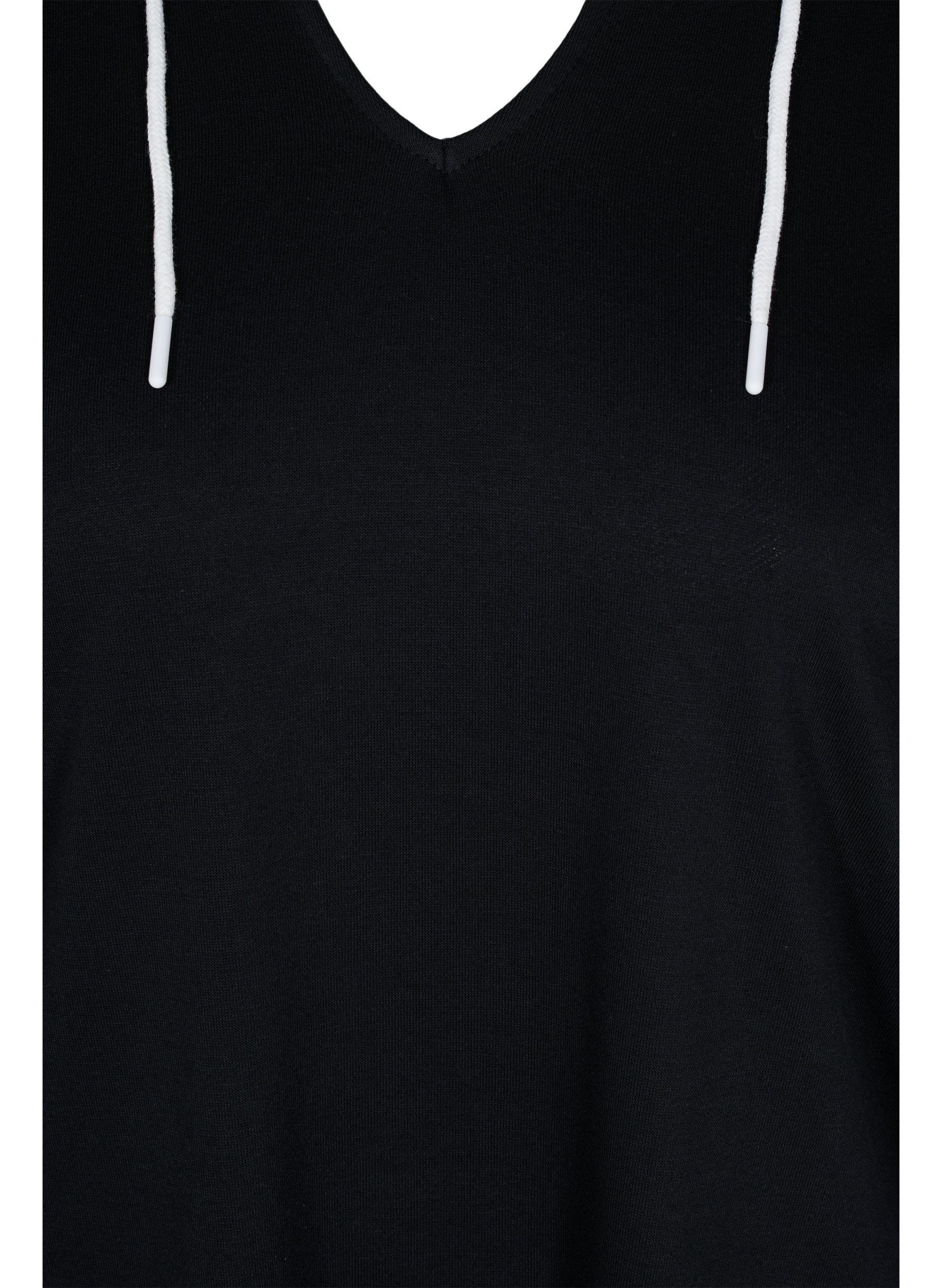 Langes Sweatshirt mit V-Ausschnitt und Kapuze, Black, Packshot image number 2