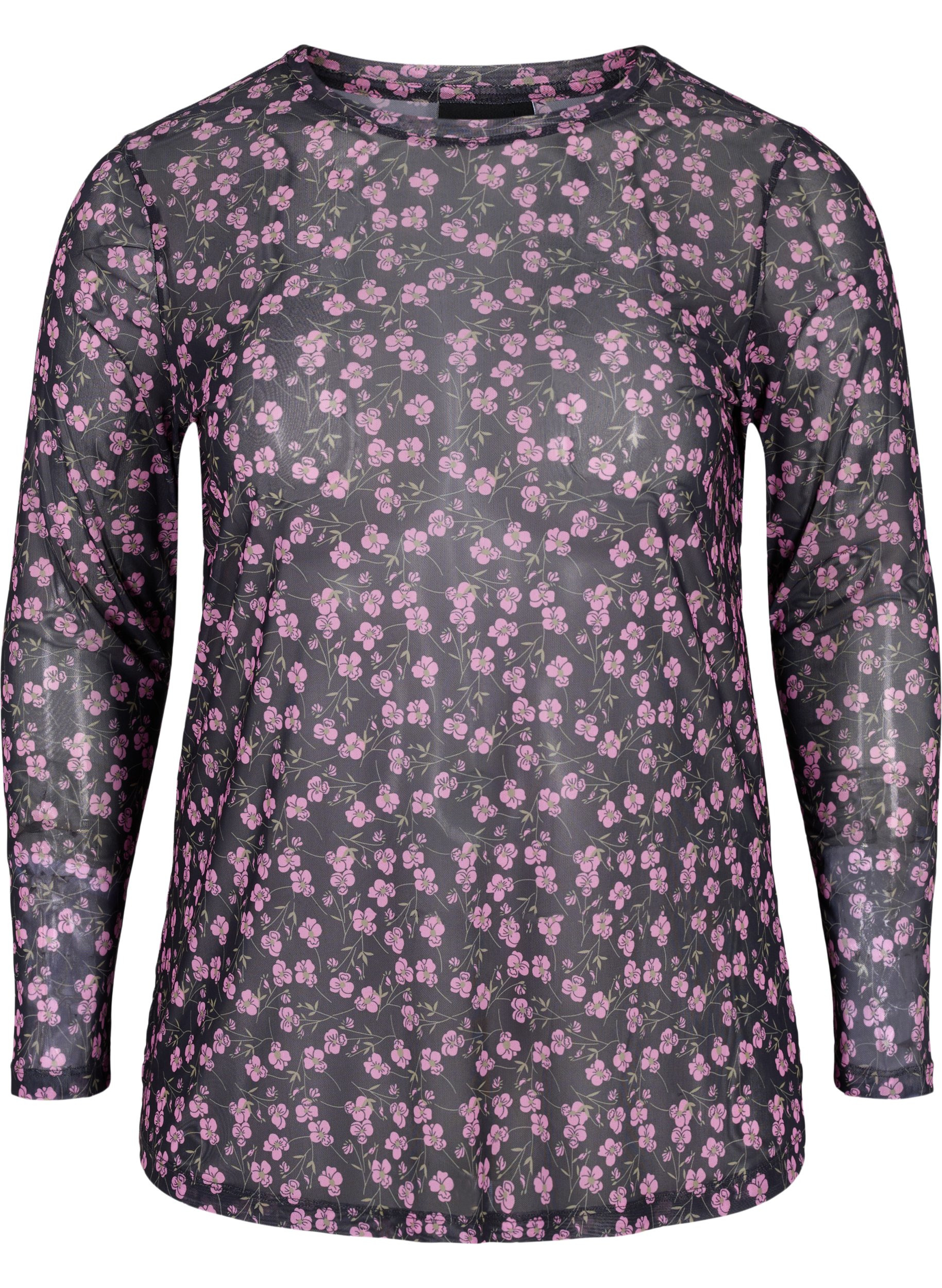 Langarm Bluse mit Mesh und Print, Flower AOP, Packshot