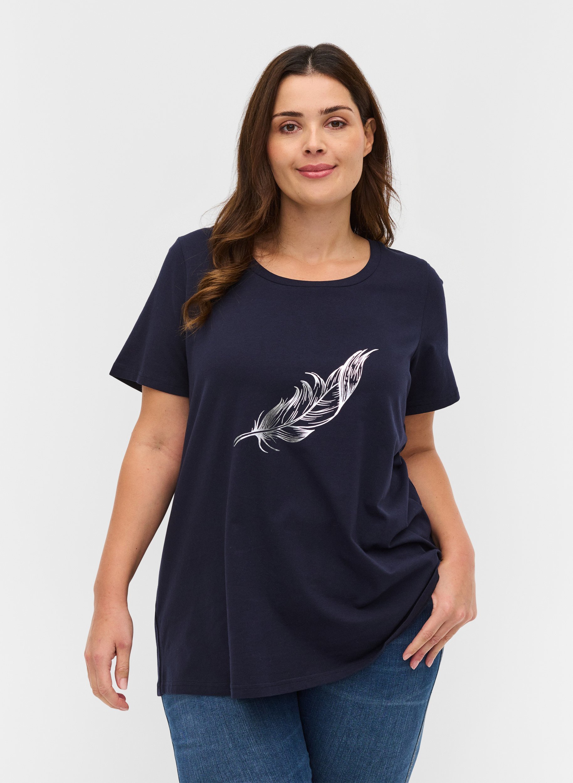 Kurzarm T-Shirt aus Baumwolle mit Aufdruck, Night Sky w. silver , Model