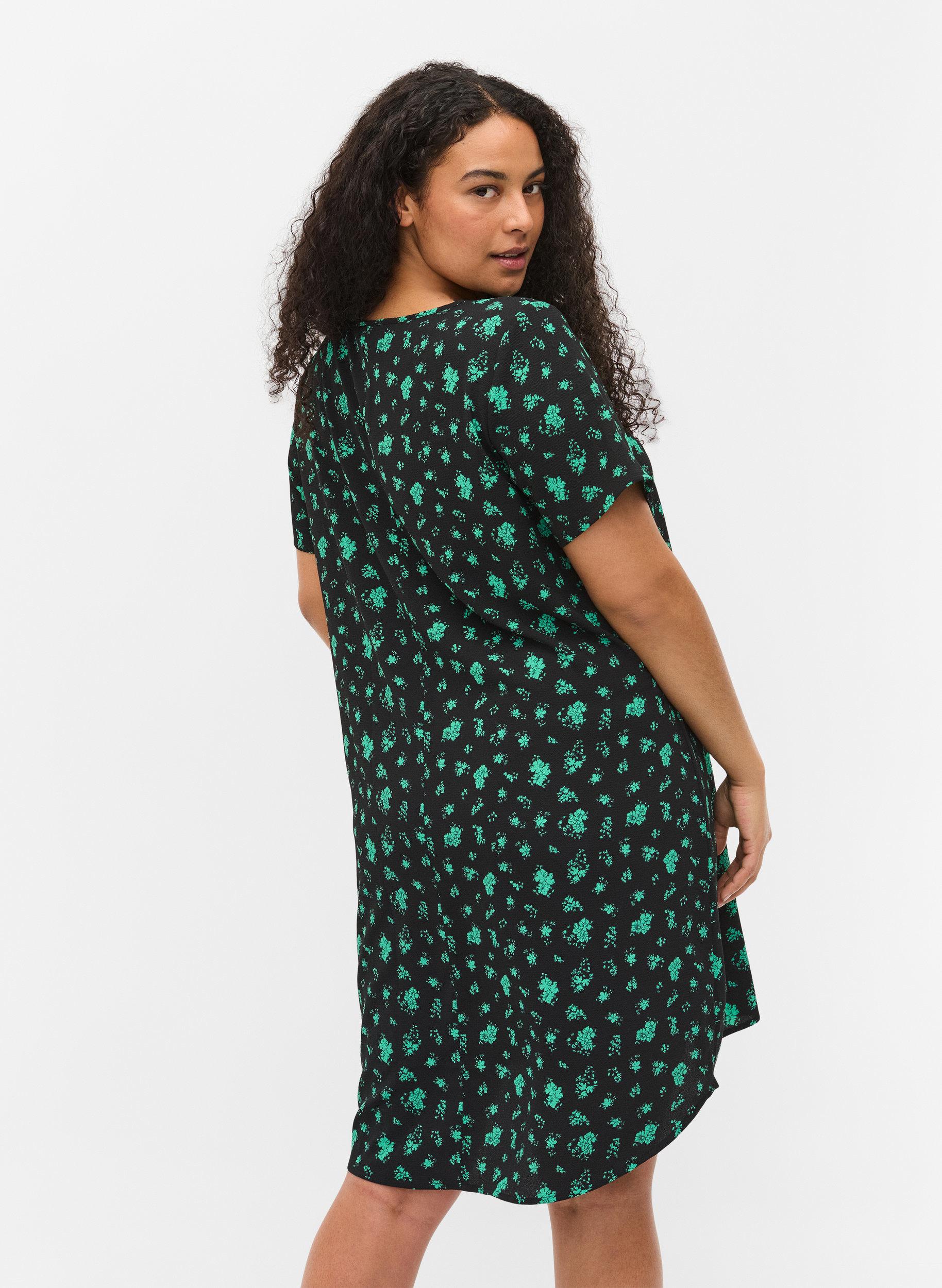 Bedrucktes Kleid mit kurzen Ärmeln, Green Flower AOP, Model image number 1