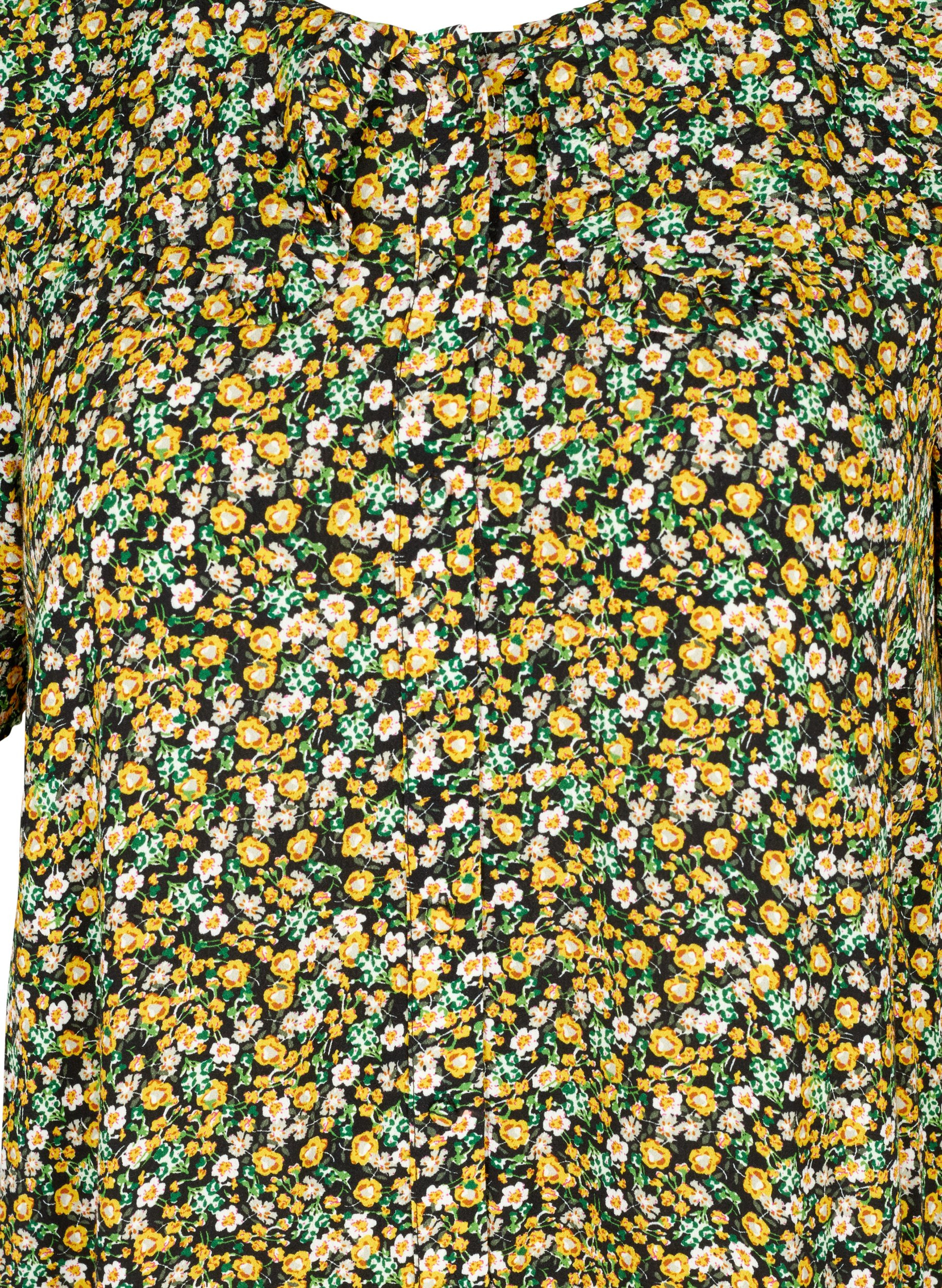 Kurzarm Viskosekleid mit Blumenprint, Black Flower AOP, Packshot image number 2