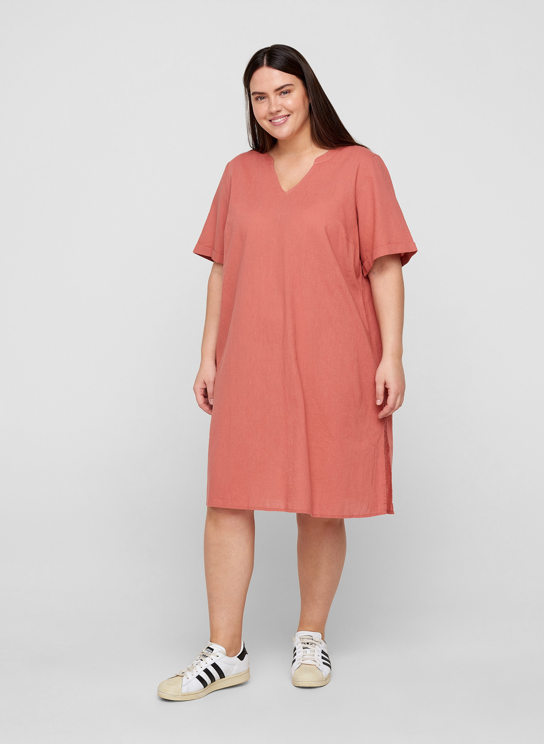 Kurzarm Kleid aus Baumwollmischung mit Leinen, Canyon Rose, Model image number 2