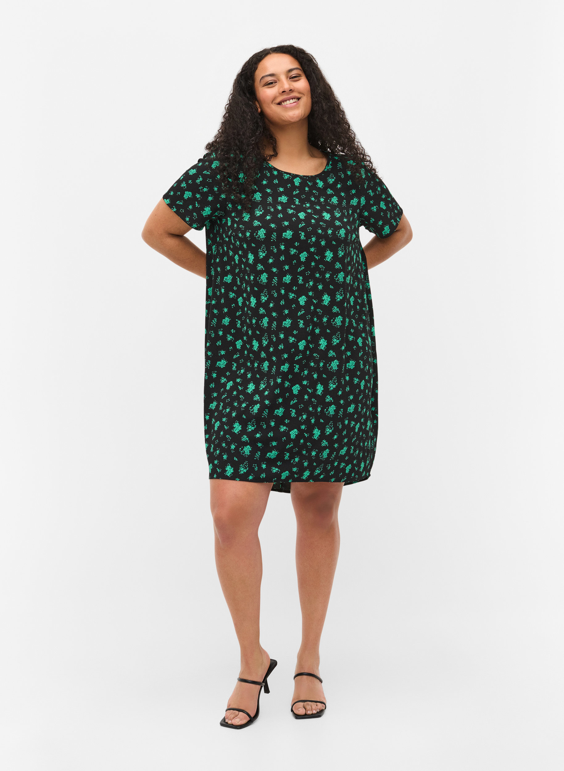 Bedrucktes Kleid mit kurzen Ärmeln, Green Flower AOP, Model image number 2