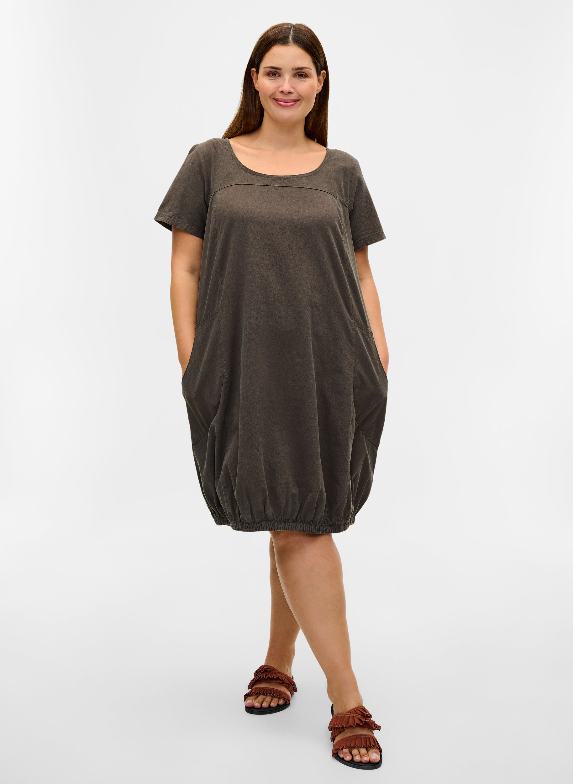 Kurzarm Kleid aus Baumwolle, Khaki Green, Model image number 2