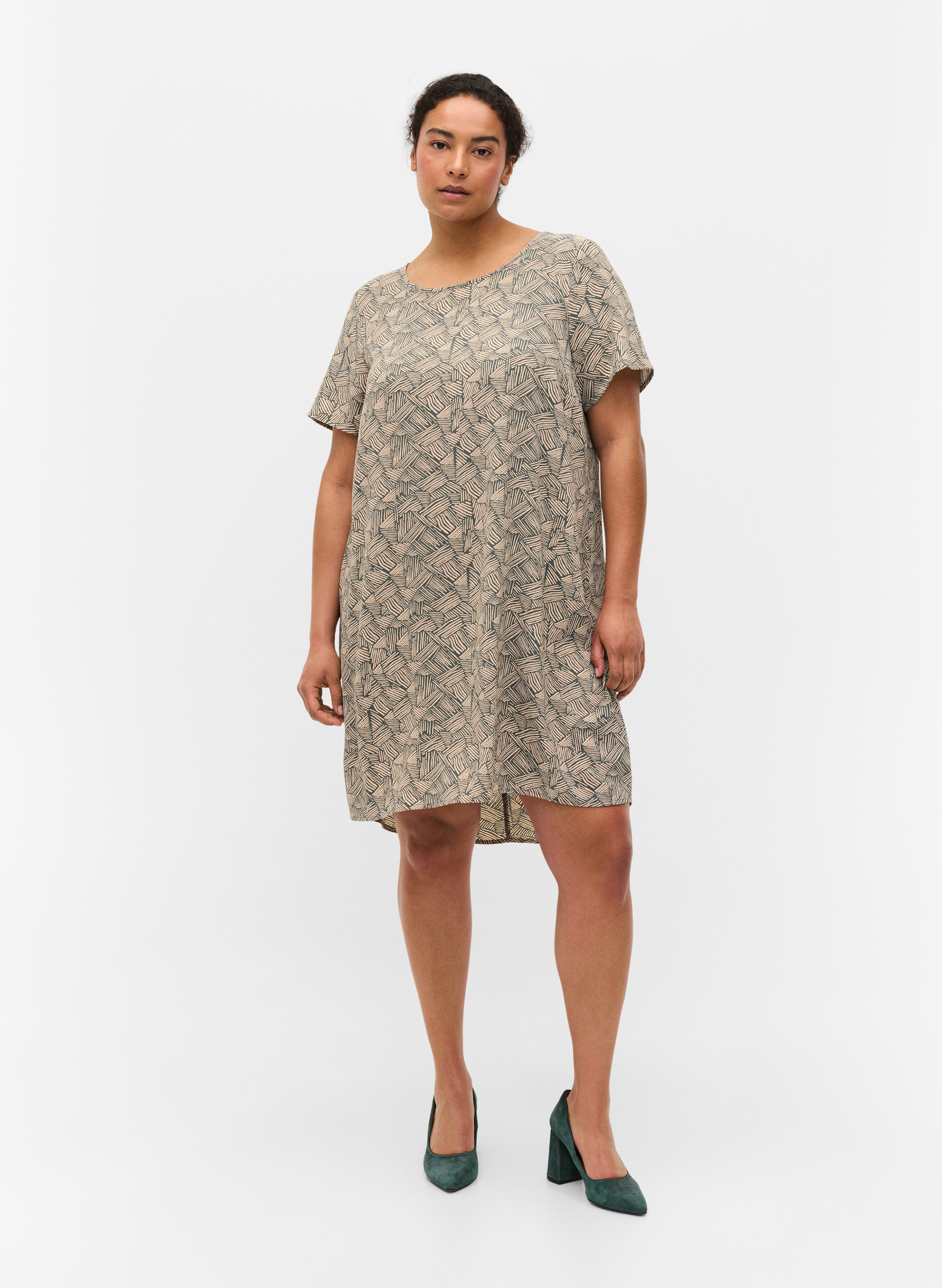 Bedrucktes Kleid mit kurzen Ärmeln, Green Graphic, Model image number 2