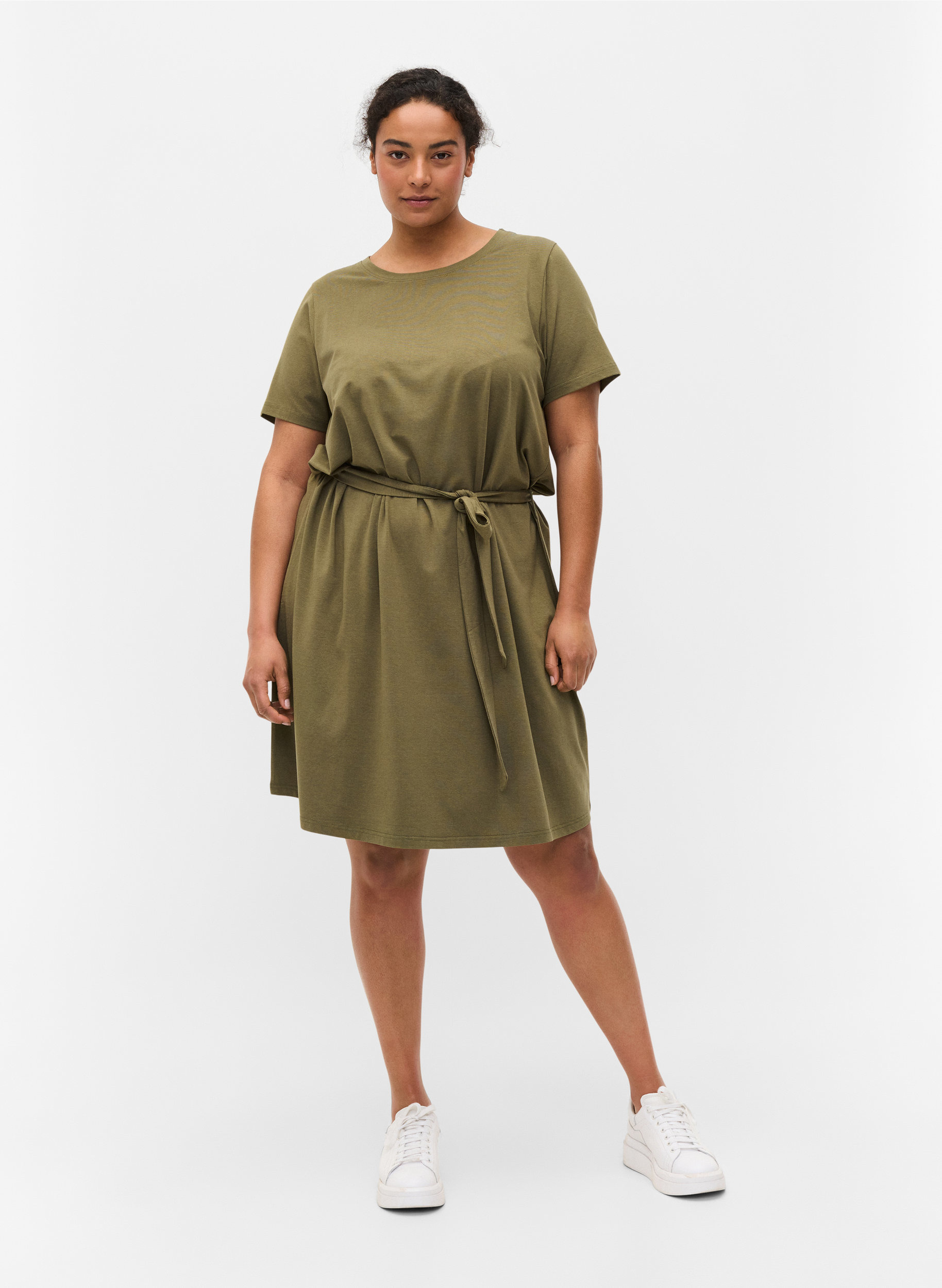 Kurzarm Kleid mit Taillengürtel, Dusty Olive, Model image number 2