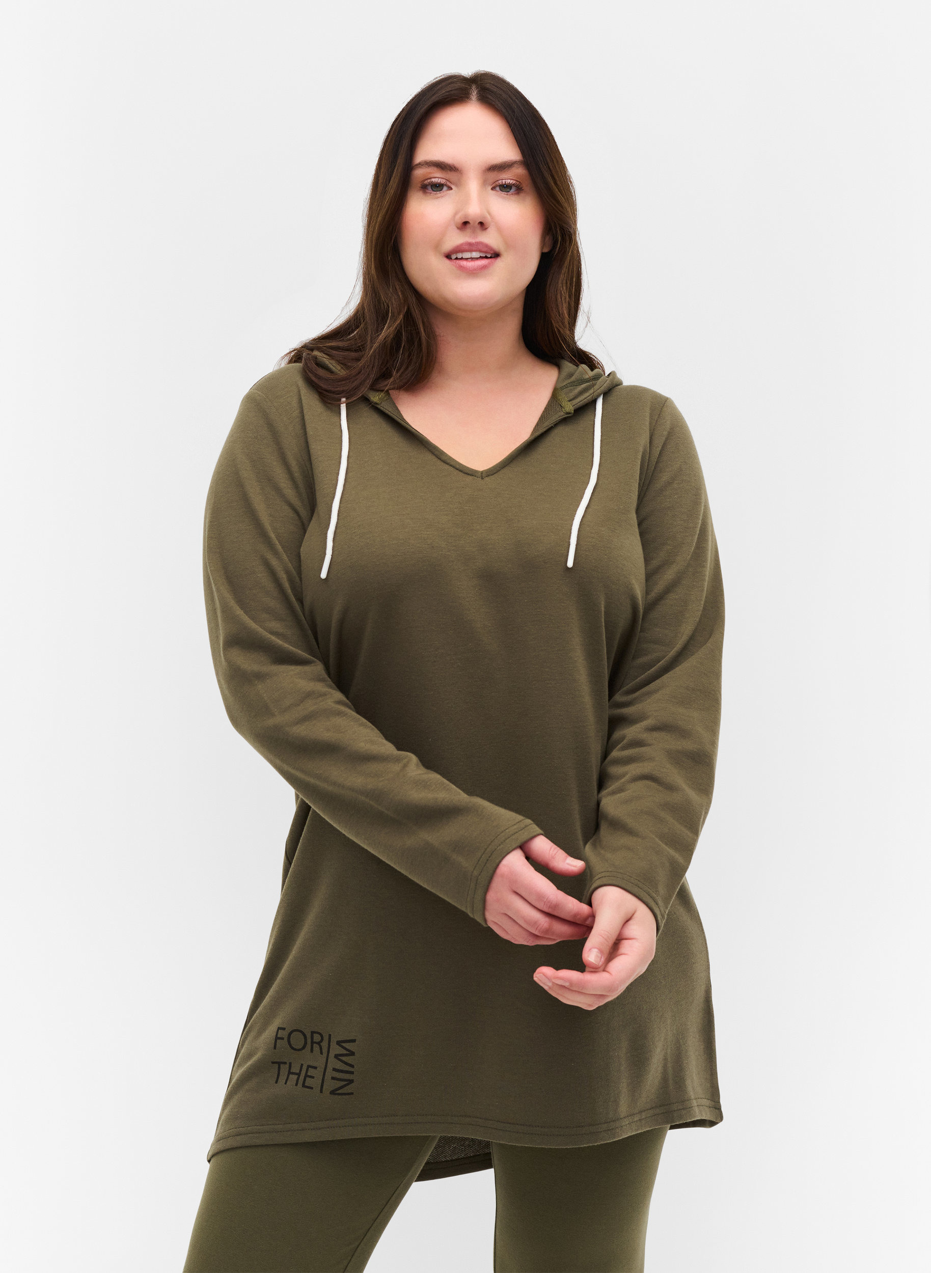 Langes Sweatshirt mit V-Ausschnitt und Kapuze, Ivy Green, Model