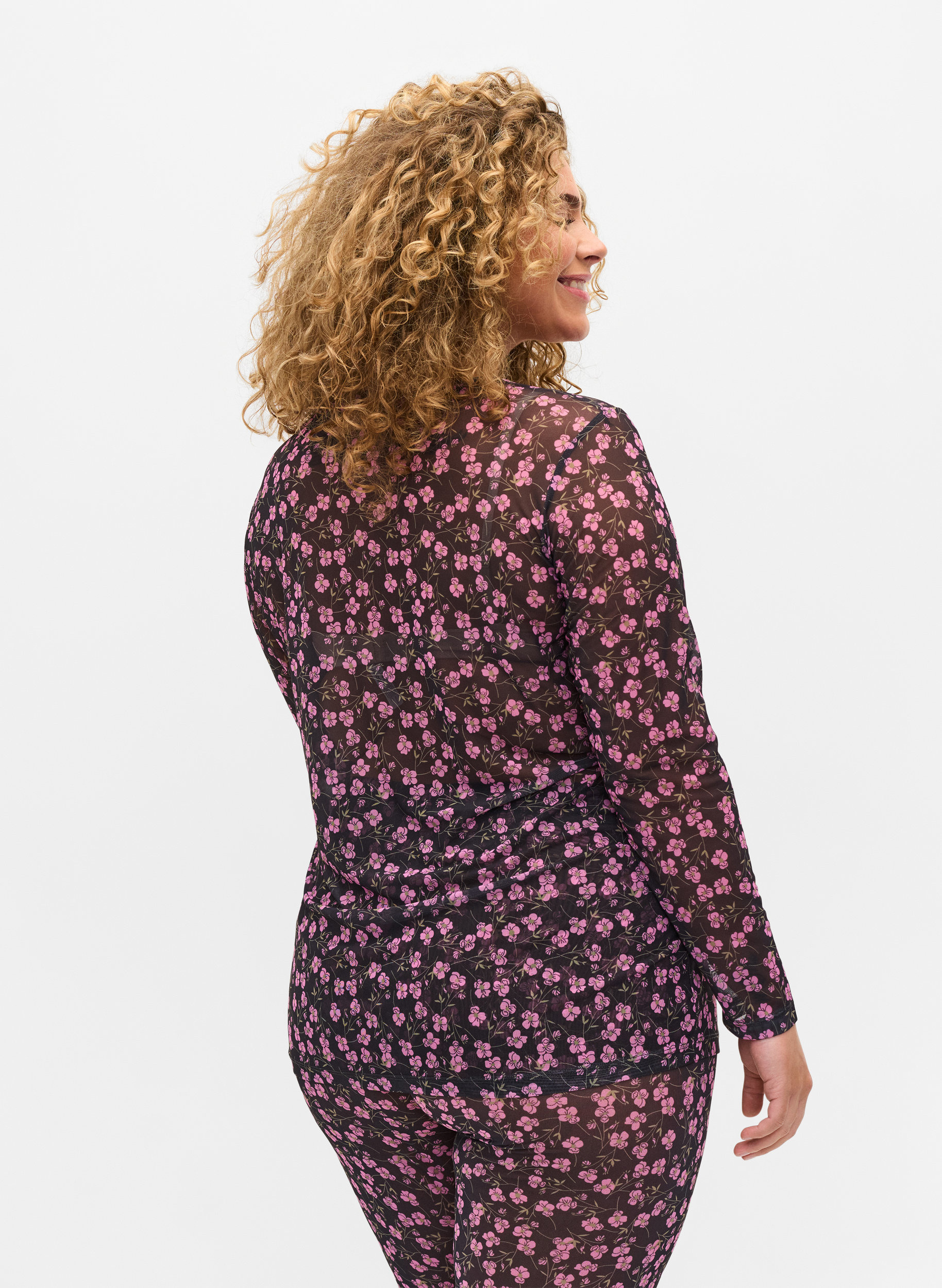 Langarm Bluse mit Mesh und Print, Flower AOP, Model