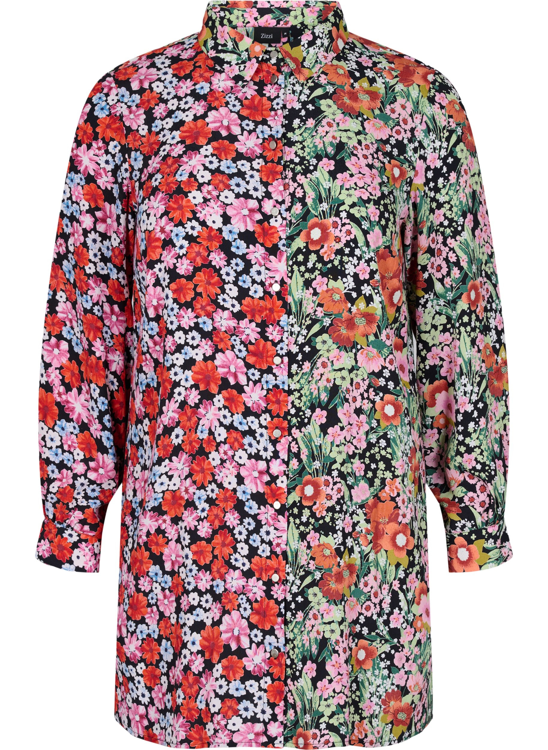 Lange Hemdbluse aus Viskose mit Blumenprint, Flower AOP Mix, Packshot