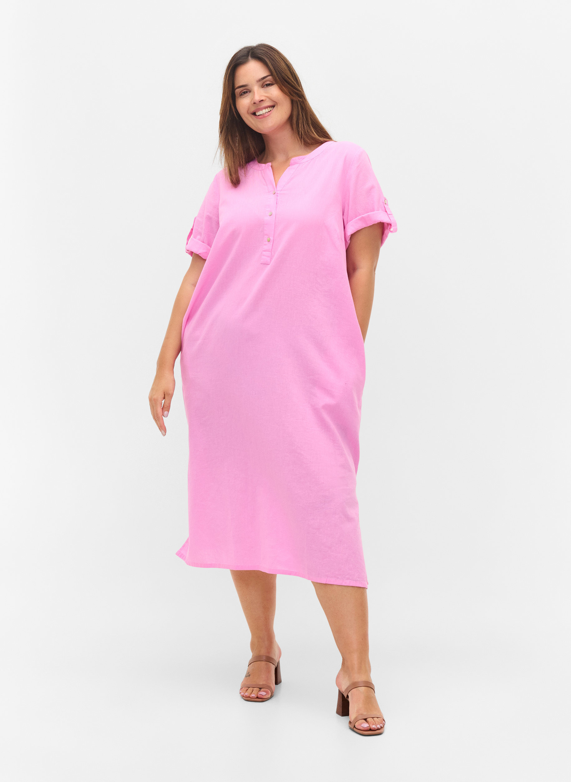Langes kurzärmeliges Hemdkleid, Begonia Pink, Model image number 2
