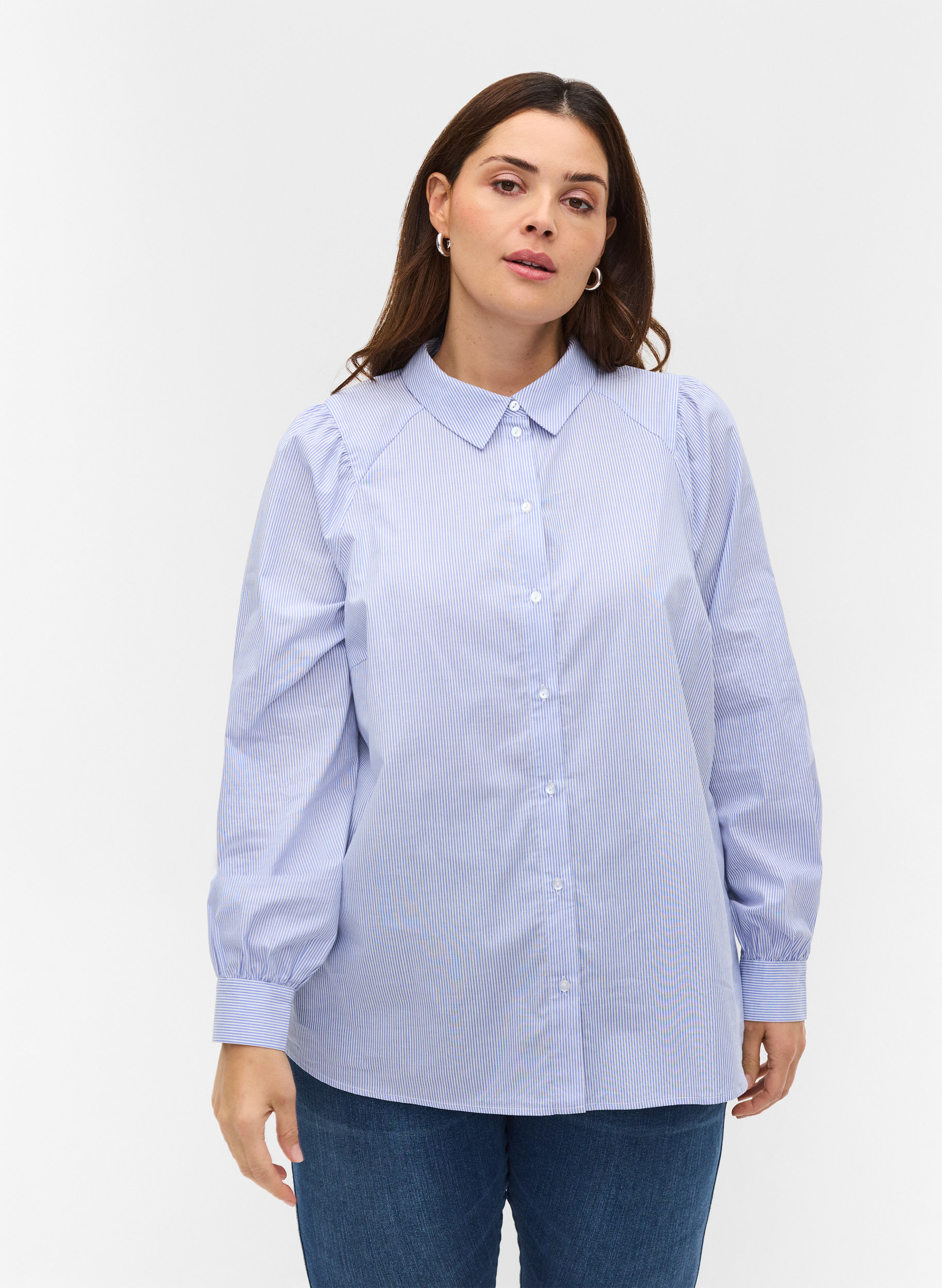 Gestreifte Bluse aus Baumwolle, White/Blue stripe, Model image number 0