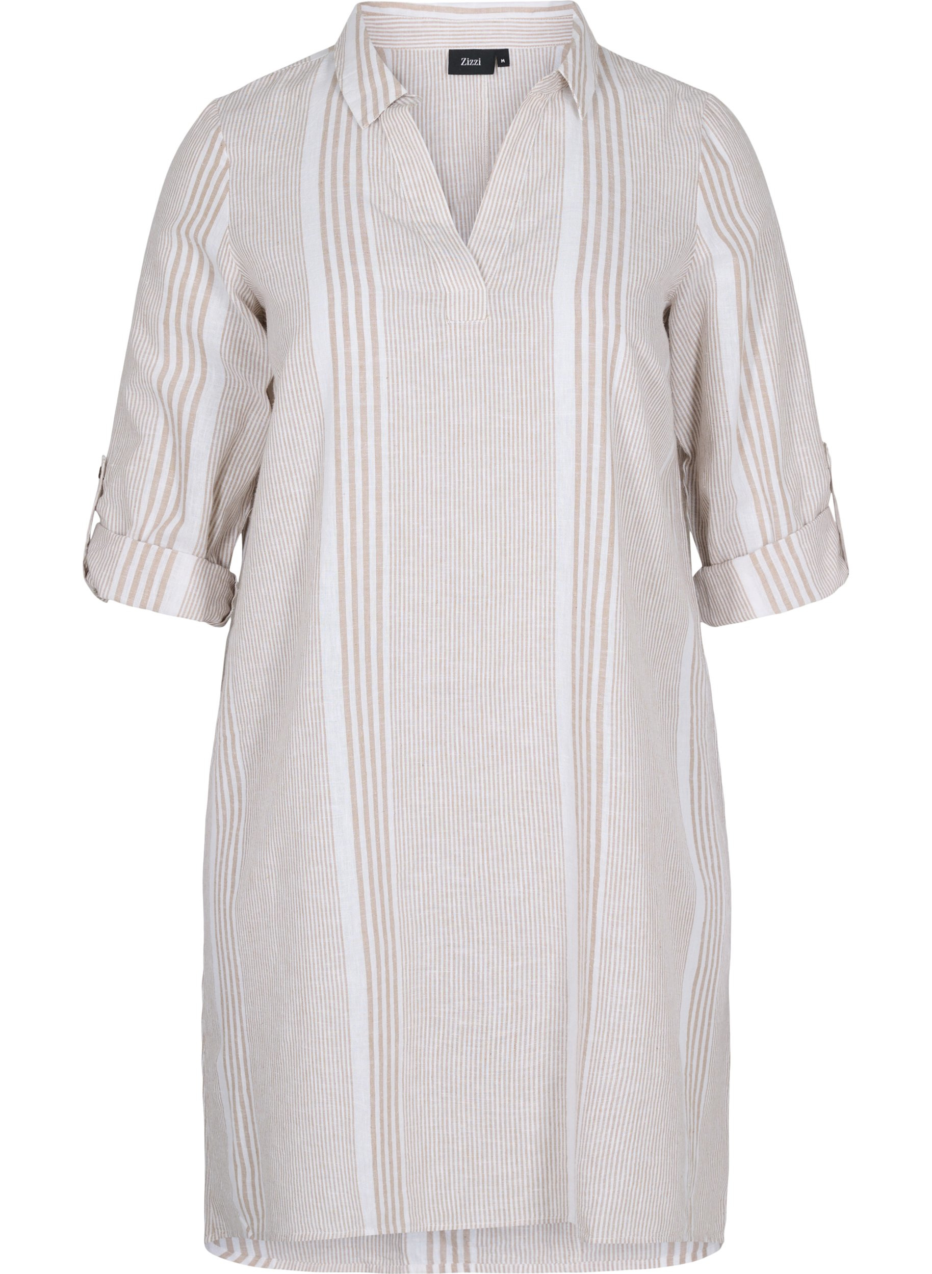 Kleid mit V-Ausschnitt und Kragen, White Taupe Stripe, Packshot image number 0